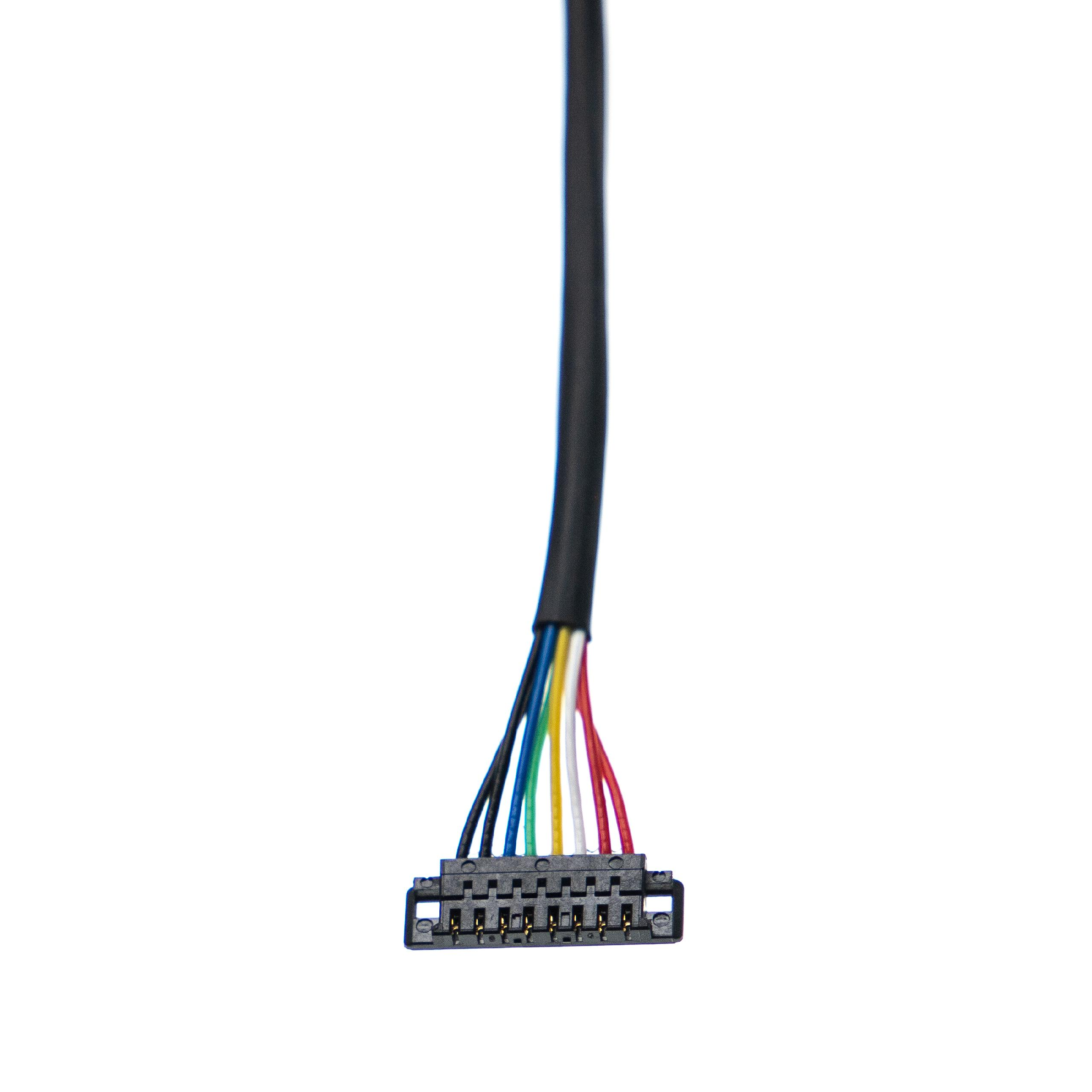 Ein schwarzes Kabel mit mehreren farbigen Drähten, die mit einem schwarzen Stecker verbunden sind, isoliert auf weißem Hintergrund.