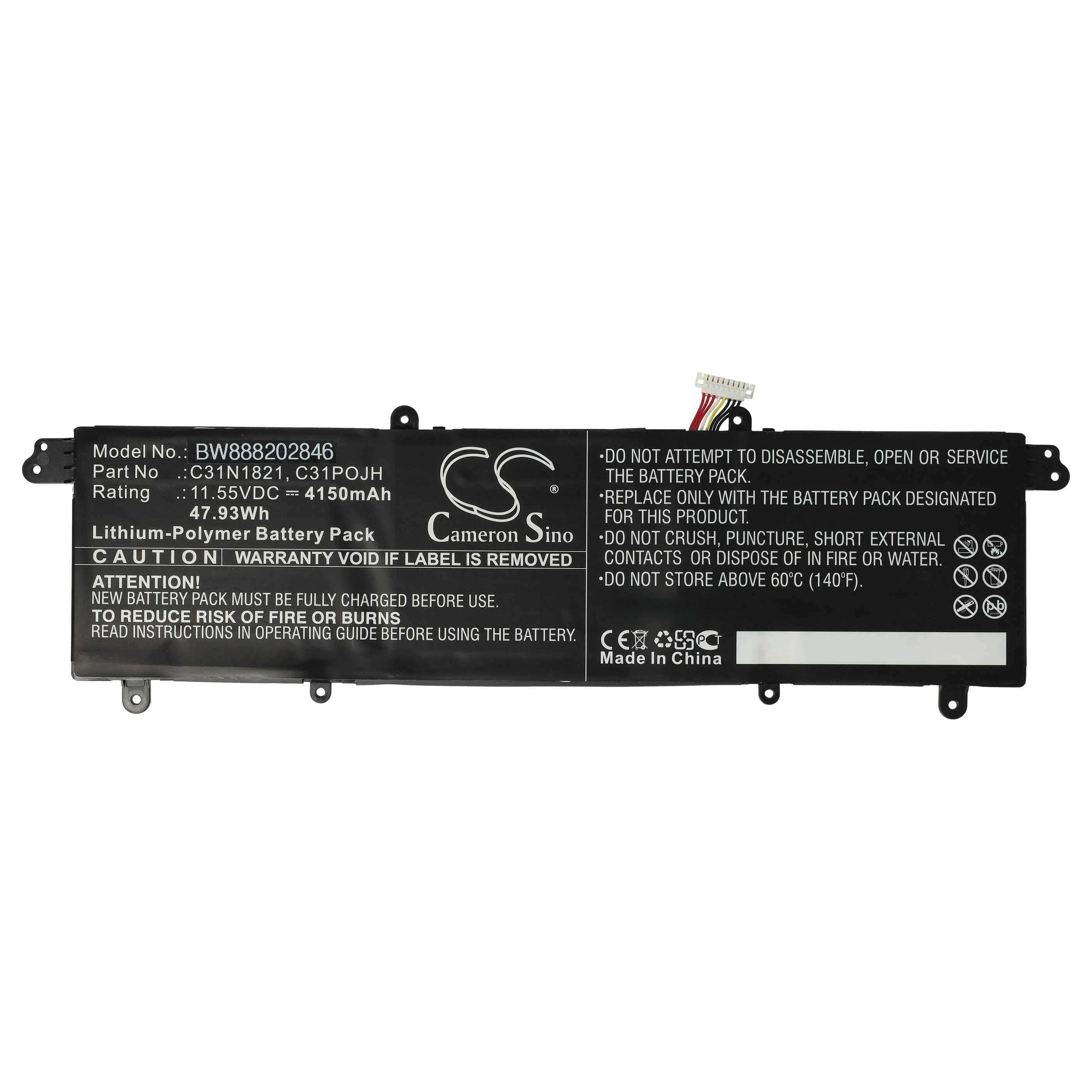 Schwarzer Laptop-Akku mit Textetiketten, Modellnummer und Warnhinweisen. Mit Stecker und 'Cameron Sino'-Logo.
