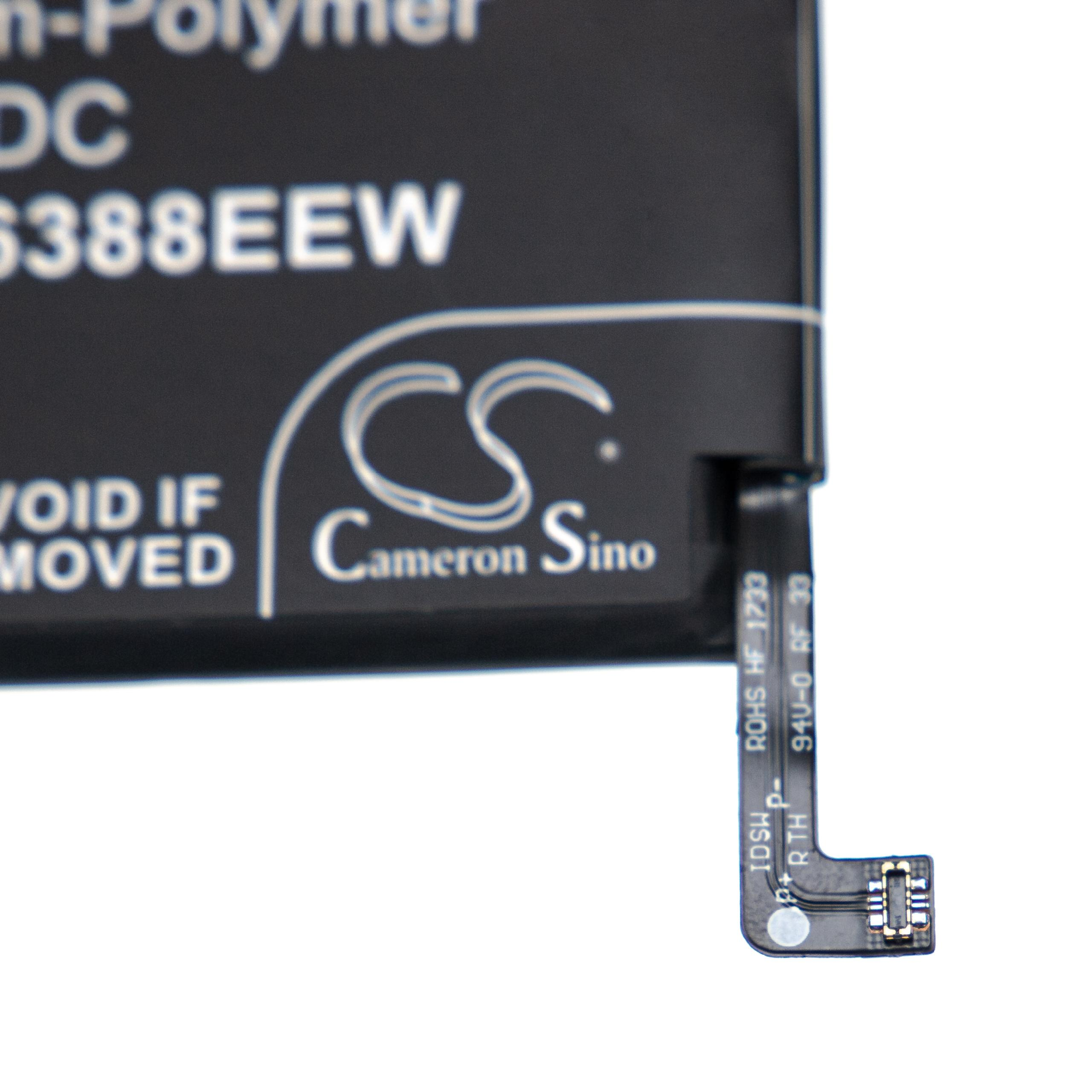 Eine schwarze Batteriekomponente mit weißem Text und einem flexiblen Kabel. Der Text enthält 'Cameron Sino', '6388EEW' und 'ROHS HF 1733'.