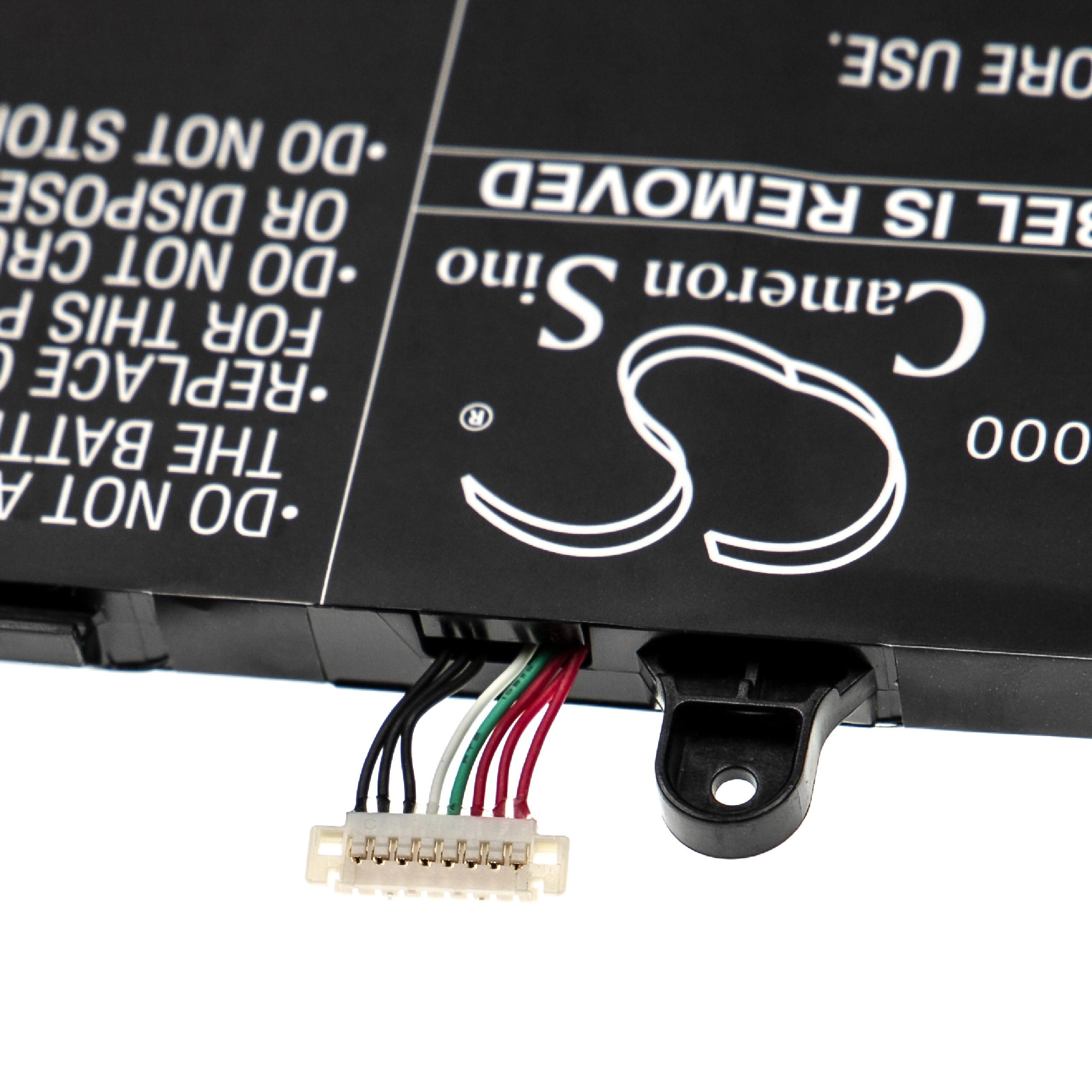 Schwarzer Akku mit weißem Text. Drähte verbinden sich mit einem weißen Stecker. Der Text enthält 'Cameron Sino' und Sicherheitshinweise.