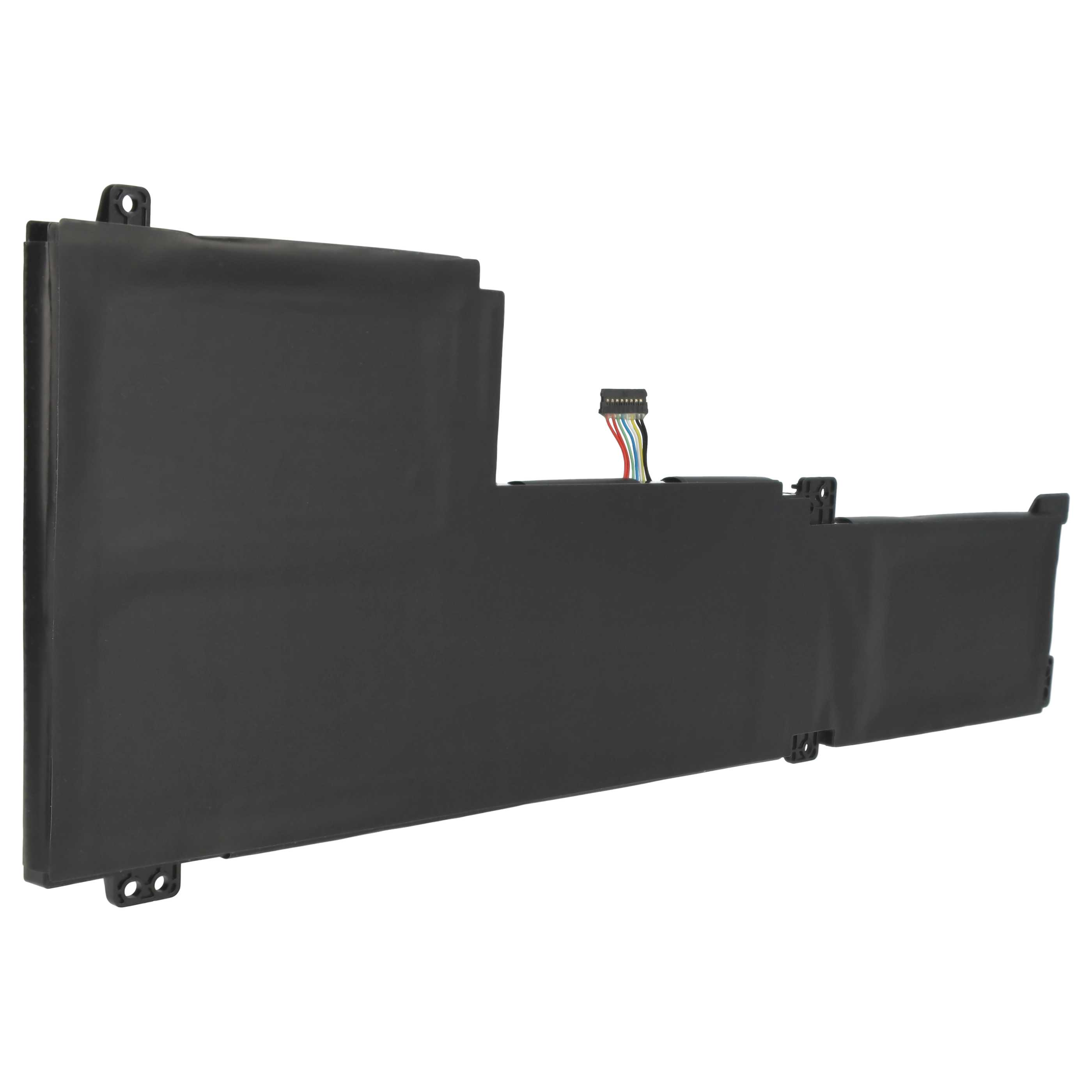 Ein schwarzer Laptop-Akku mit Stecker und farbigen Drähten, isoliert vor weißem Hintergrund.