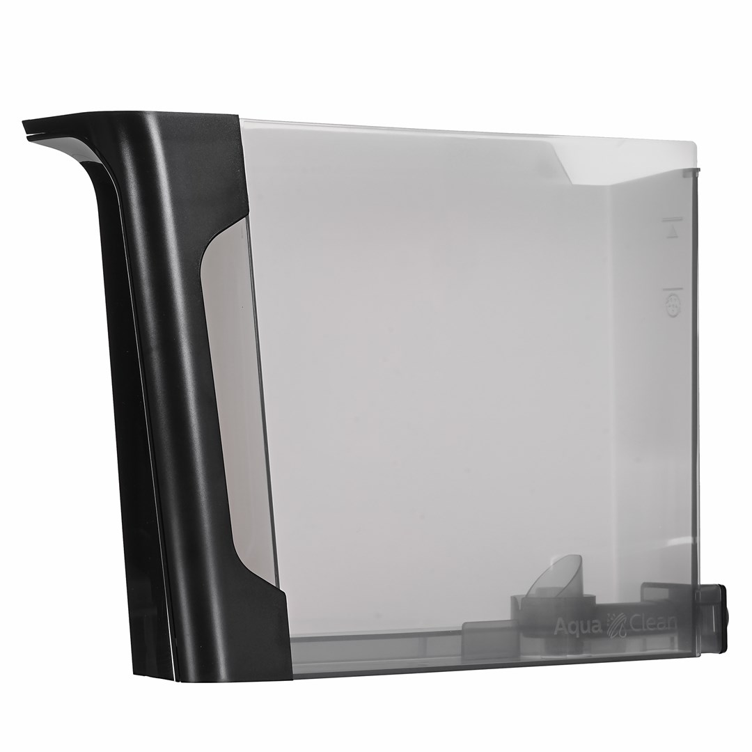 Przezroczysty, szary zbiornik na wodę z czarnym uchwytem po lewej. Podstawa ma logo 'Aqua Clean'.