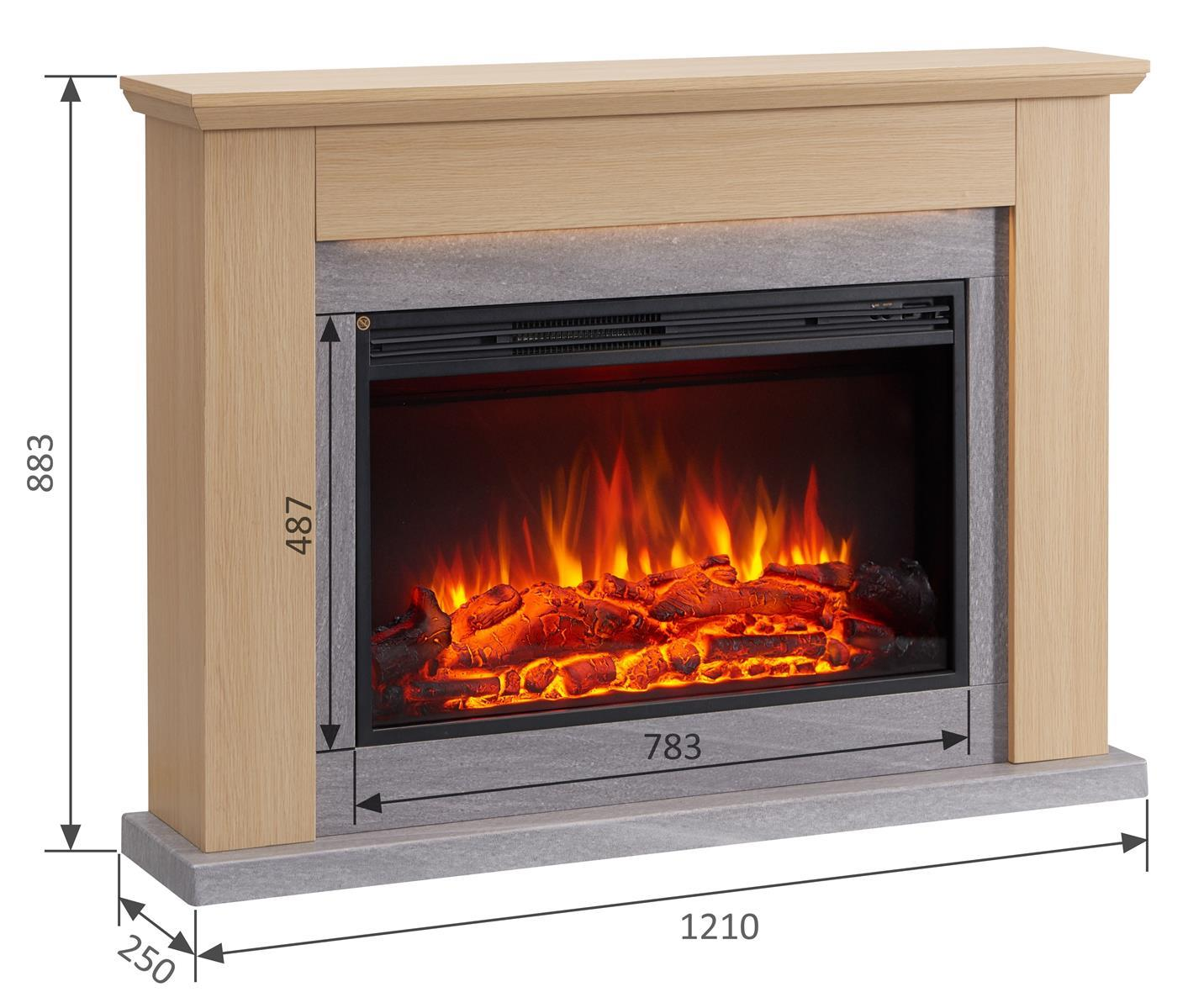 Kamin mit Maßen. Holzrahmen, graue Steinbasis und ein Feuer mit orangefarbenen Flammen und brennenden Holzscheiten. Schwarzer Innenraum.