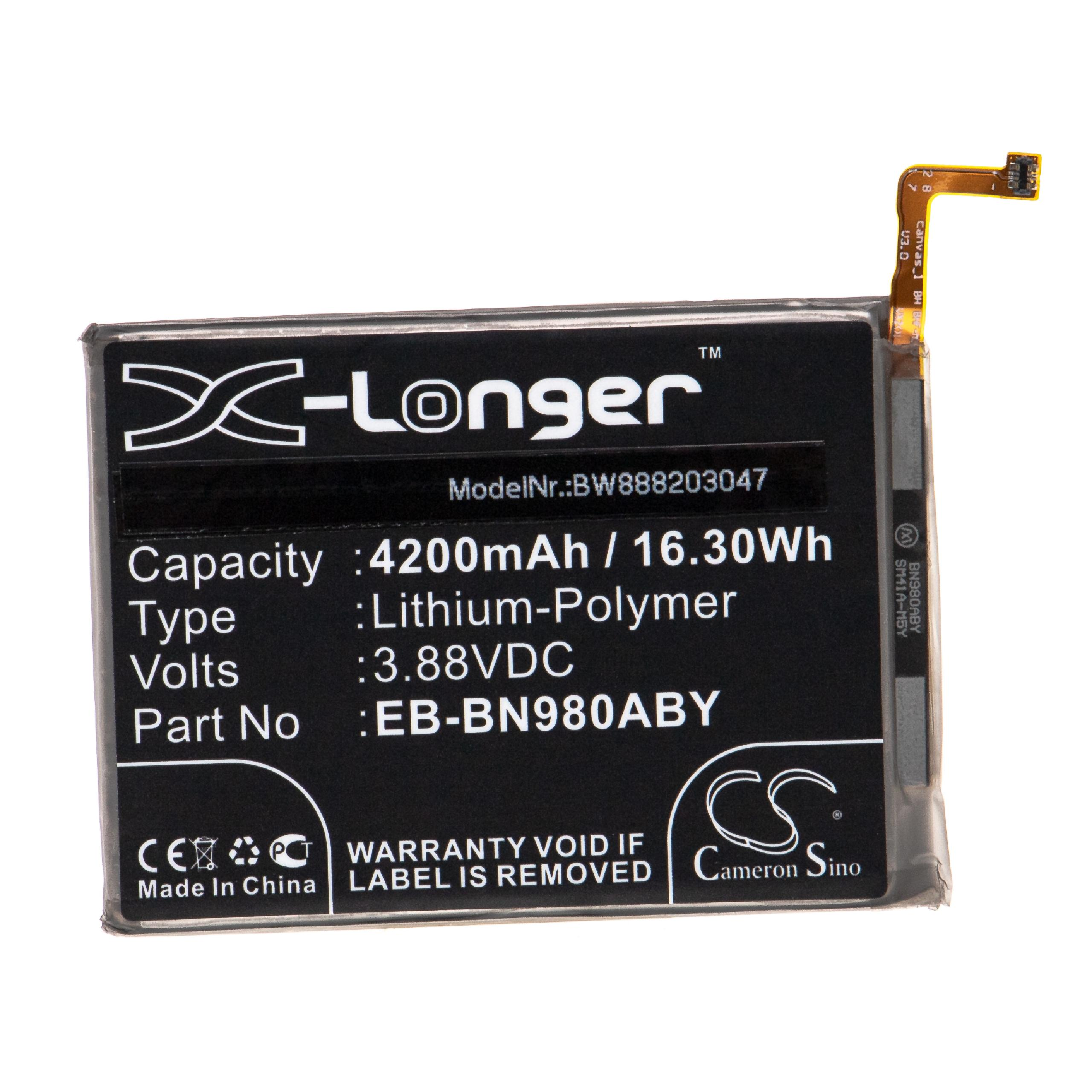 Schwarzer Akku mit weißem Text. Es steht X-Longer, Kapazität 4200mAh, Lithium-Polymer, 3,88VDC. Hat einen braunen Anschluss.