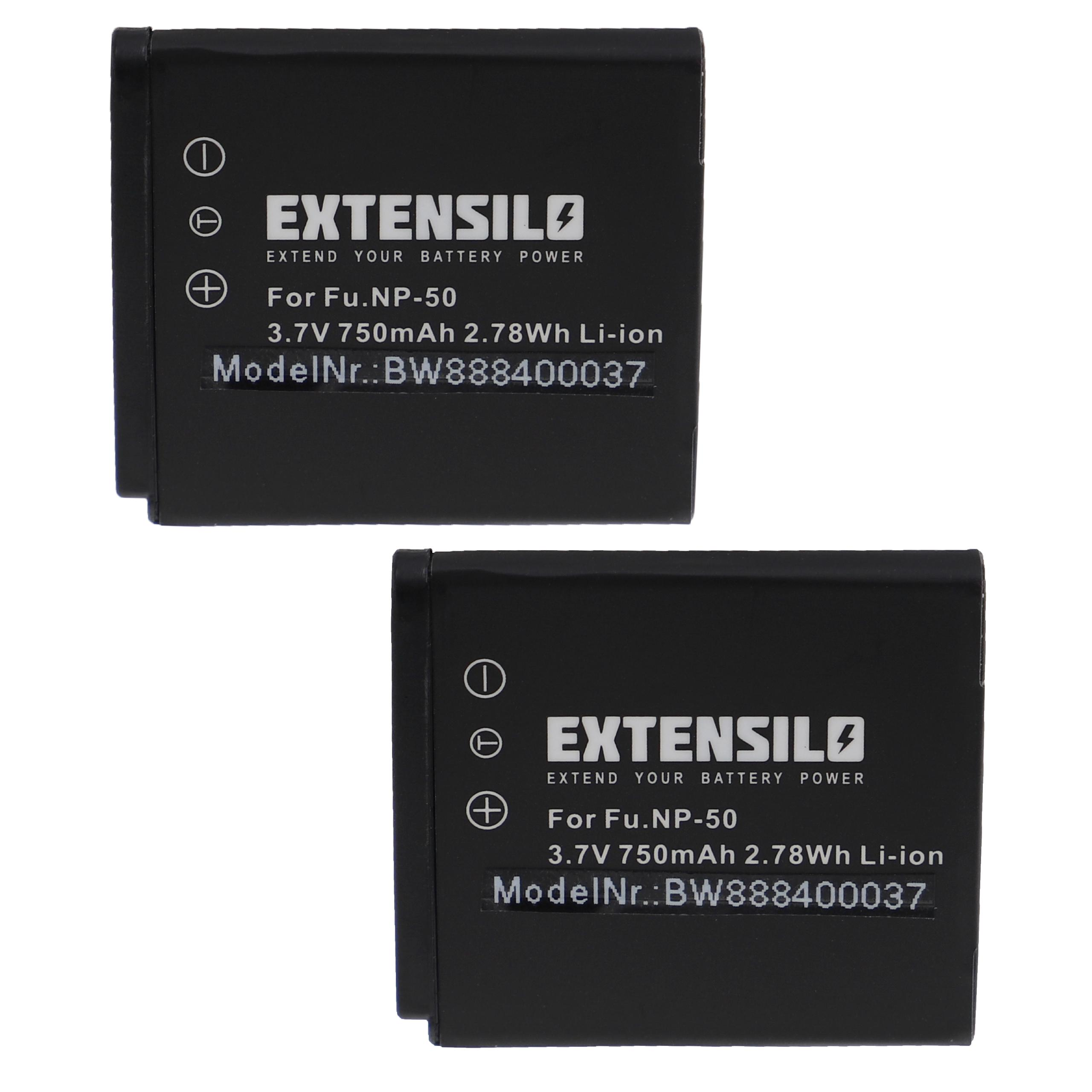 Zwei schwarze Batterien mit weißem Text. Jede hat den Markennamen EXTENSILO und Spezifikationen.