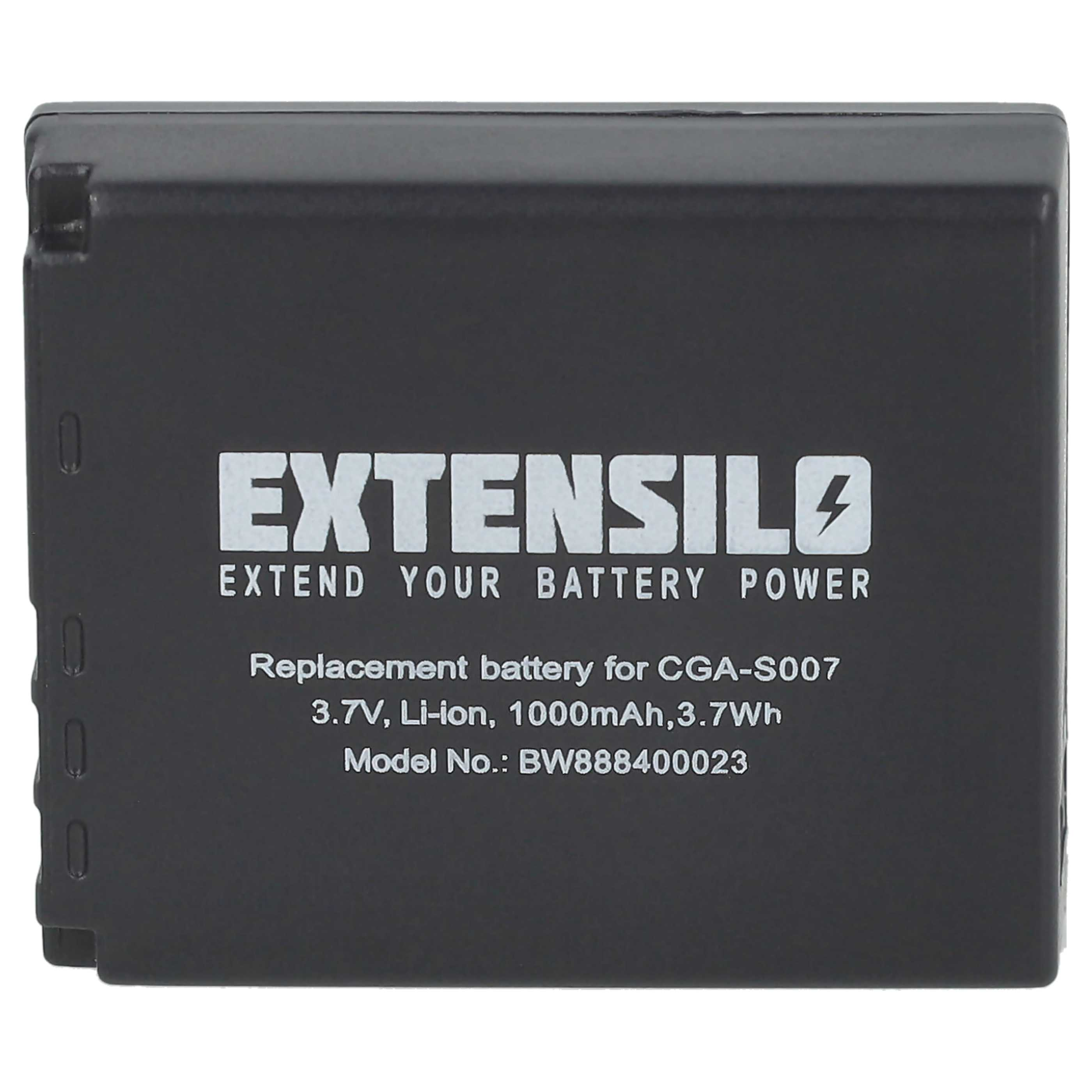 Ein schwarzer Akku mit weißem Text, einschließlich der Marke 'EXTENSILO', Produktspezifikationen und Modellnummer BW888400023.