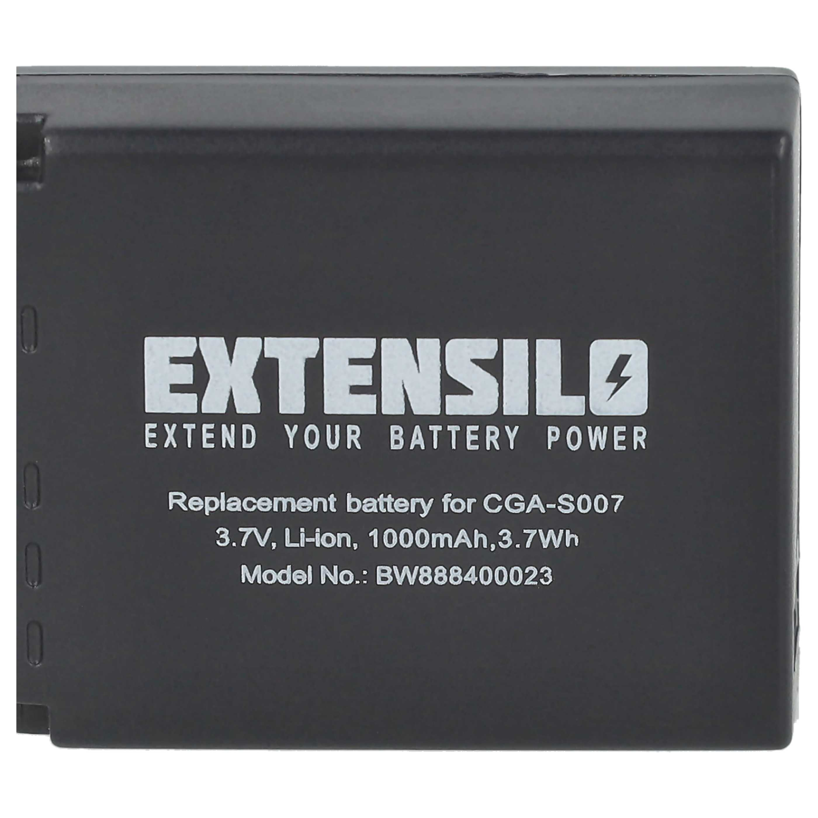 Ein schwarzer Akku mit weißem Text: EXTENSILO, erweitert die Akkuleistung. Ersatzakku für CGA-S007.