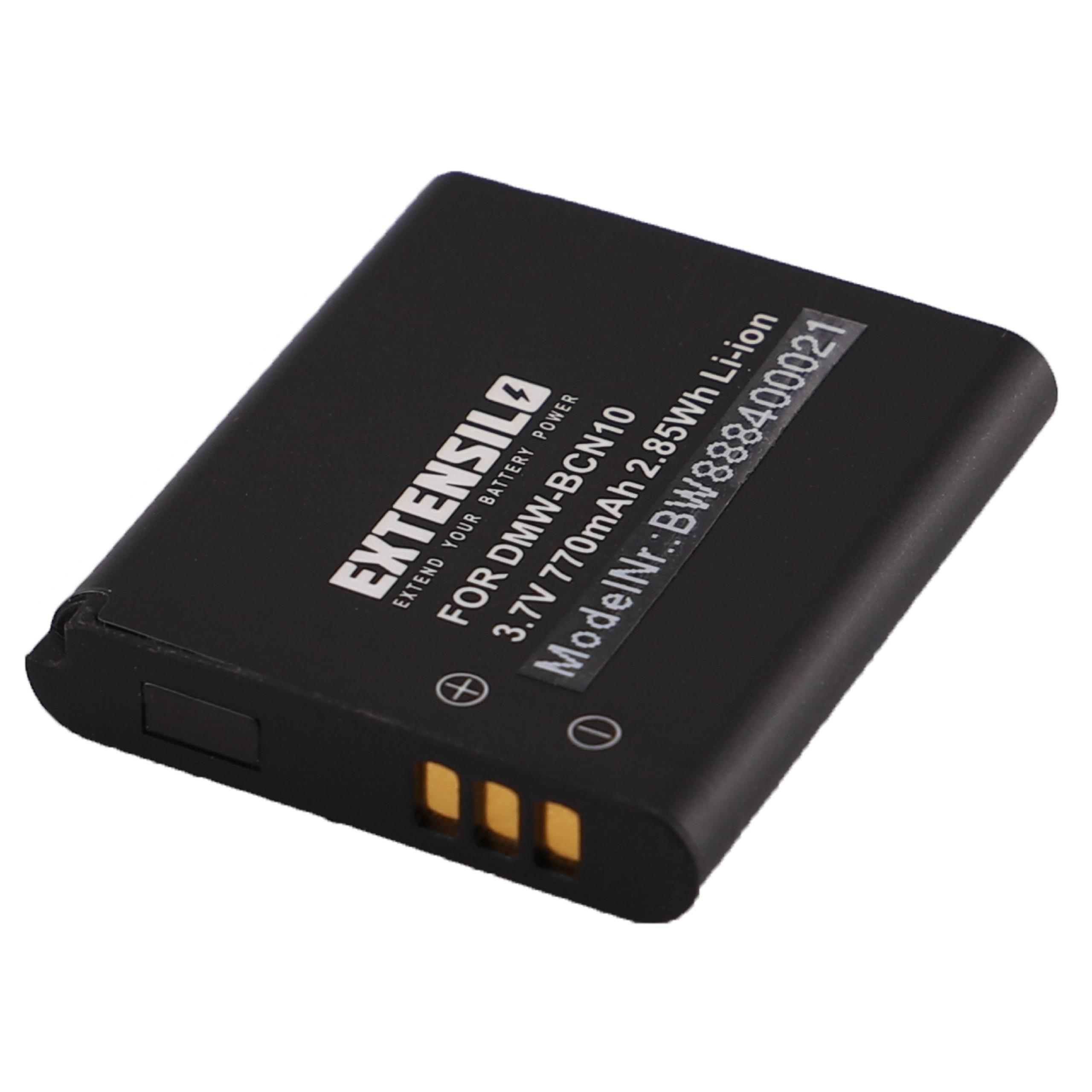 Ein schwarzer Akku mit weißem Text. Er hat die Marke EXTENSILO und die Spezifikationen: 3,7 V 770 mAh 2,85 Wh Li-Ion und ModelNr.: BW888400021.