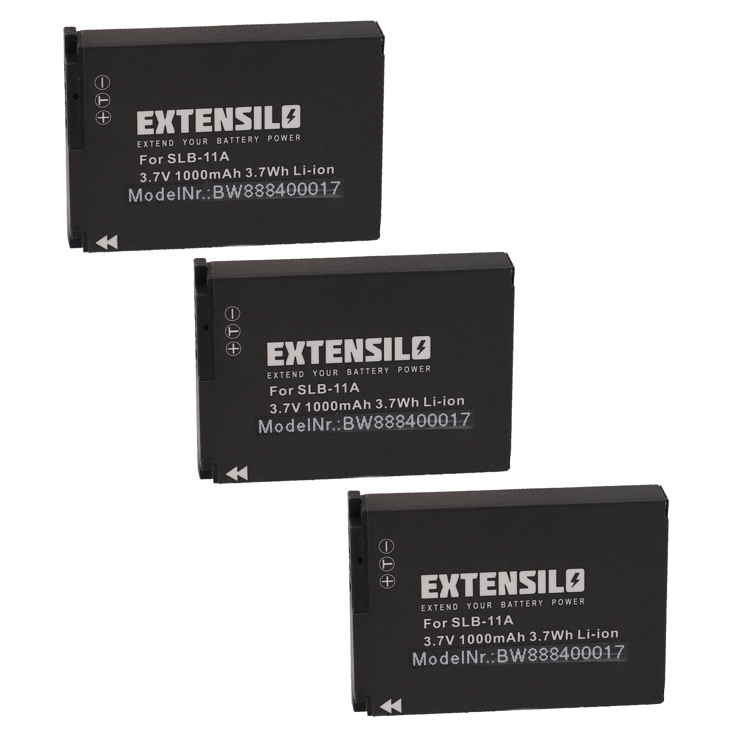 Drei schwarze EXTENSILO-Batterien mit weißem Text. Jede hat Modellinformationen und +/- Symbole. Der Hintergrund ist weiß.