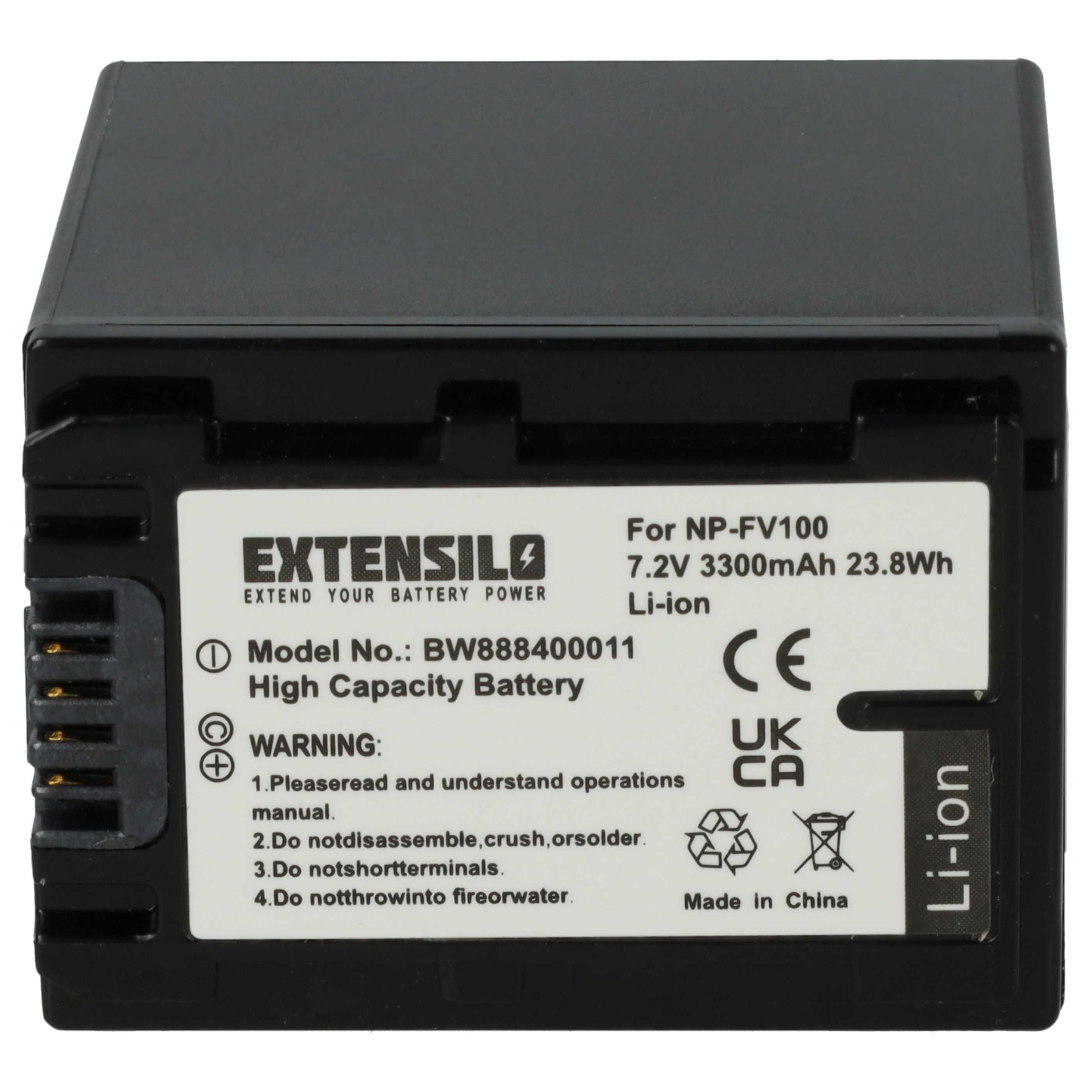 Schwarzer Akku mit weißem Etikett. Text enthält 'EXTENSILO', '7.2V 3300mAh' und Warnhinweise. Hergestellt in China.