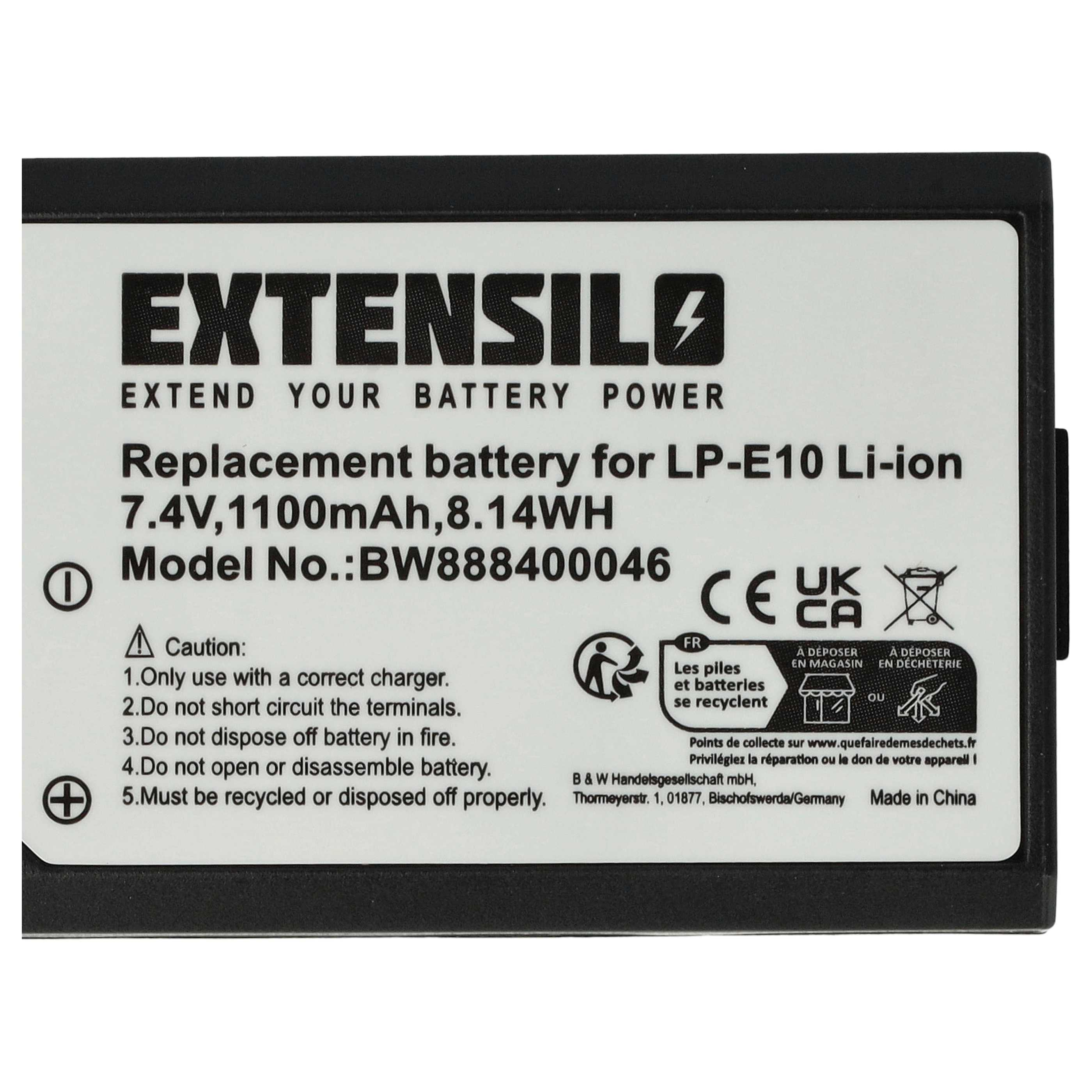 Ein Akkupack mit Text. Der Text enthält die Marke EXTENSILO, Batterieangaben, Warnhinweise und Recycling-Symbole.