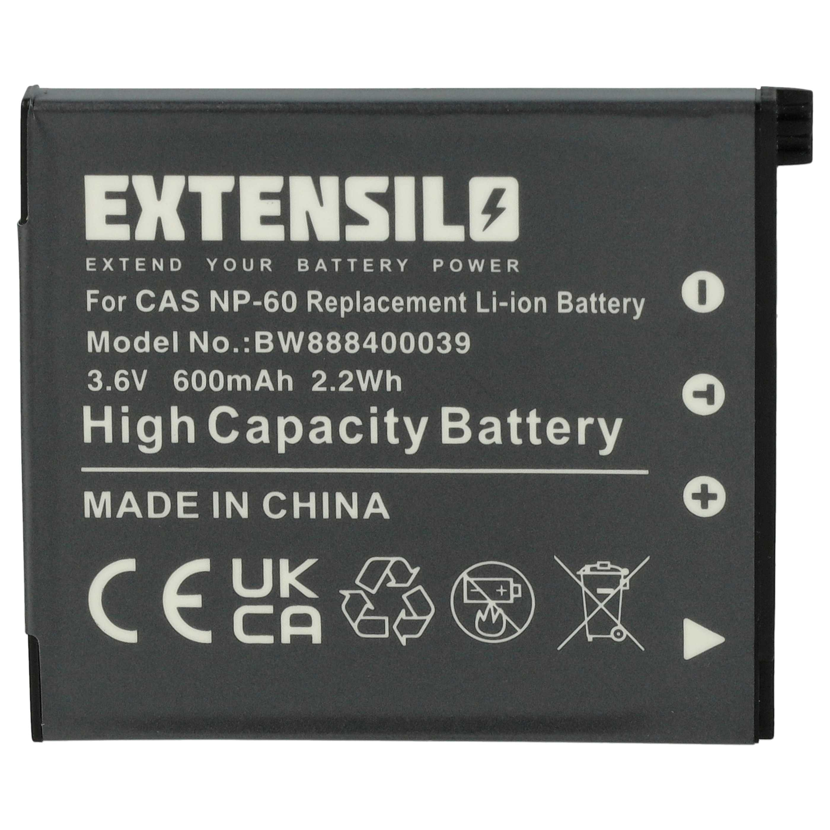 Ein schwarzer Akku mit weißem Text. Er trägt die Aufschrift EXTENSIL, Modell, Spannung und weitere Details. Hergestellt in China, verschiedene Symbole.
