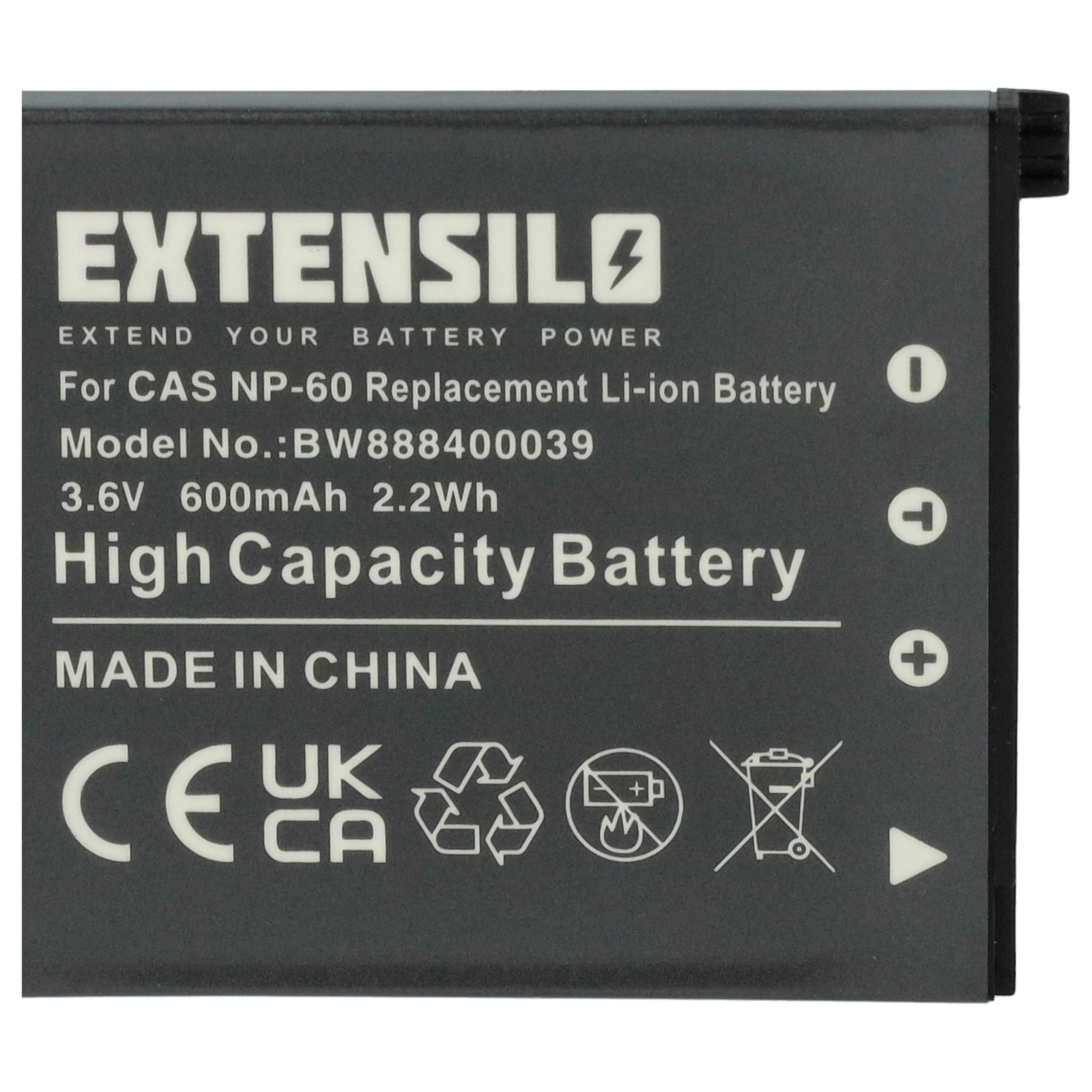 Ein schwarzer Akku mit weißem Text: EXTENSIL, Modellinfo und Symbole. Er sagt 'High Capacity Battery' und 'MADE IN CHINA'.