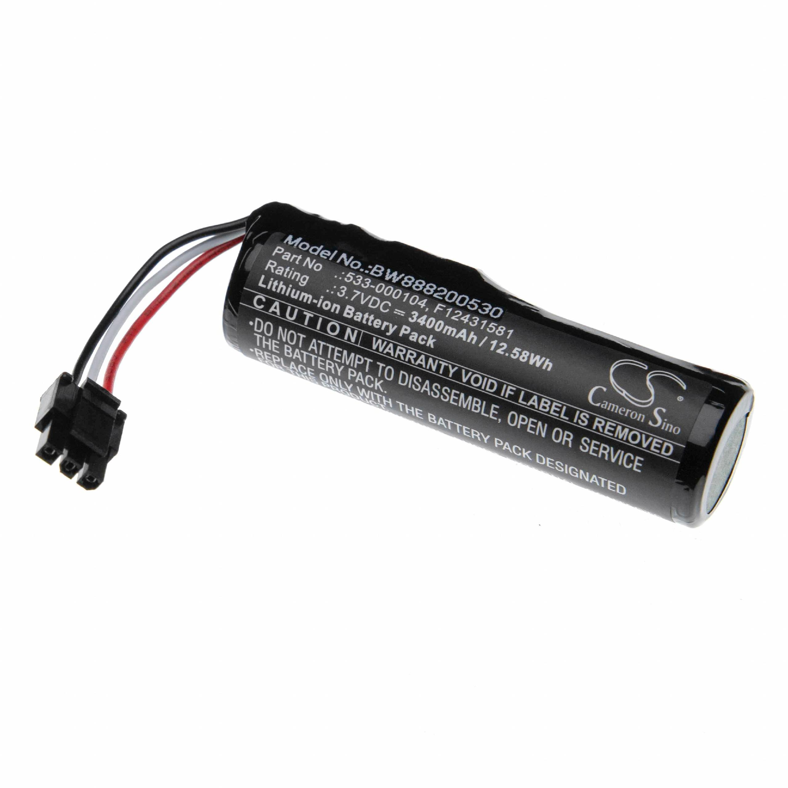 Ein schwarzer Akku mit schwarzen, roten und weißen Drähten und einem Stecker. Text auf dem Akku enthält Modell- und Warnhinweise.