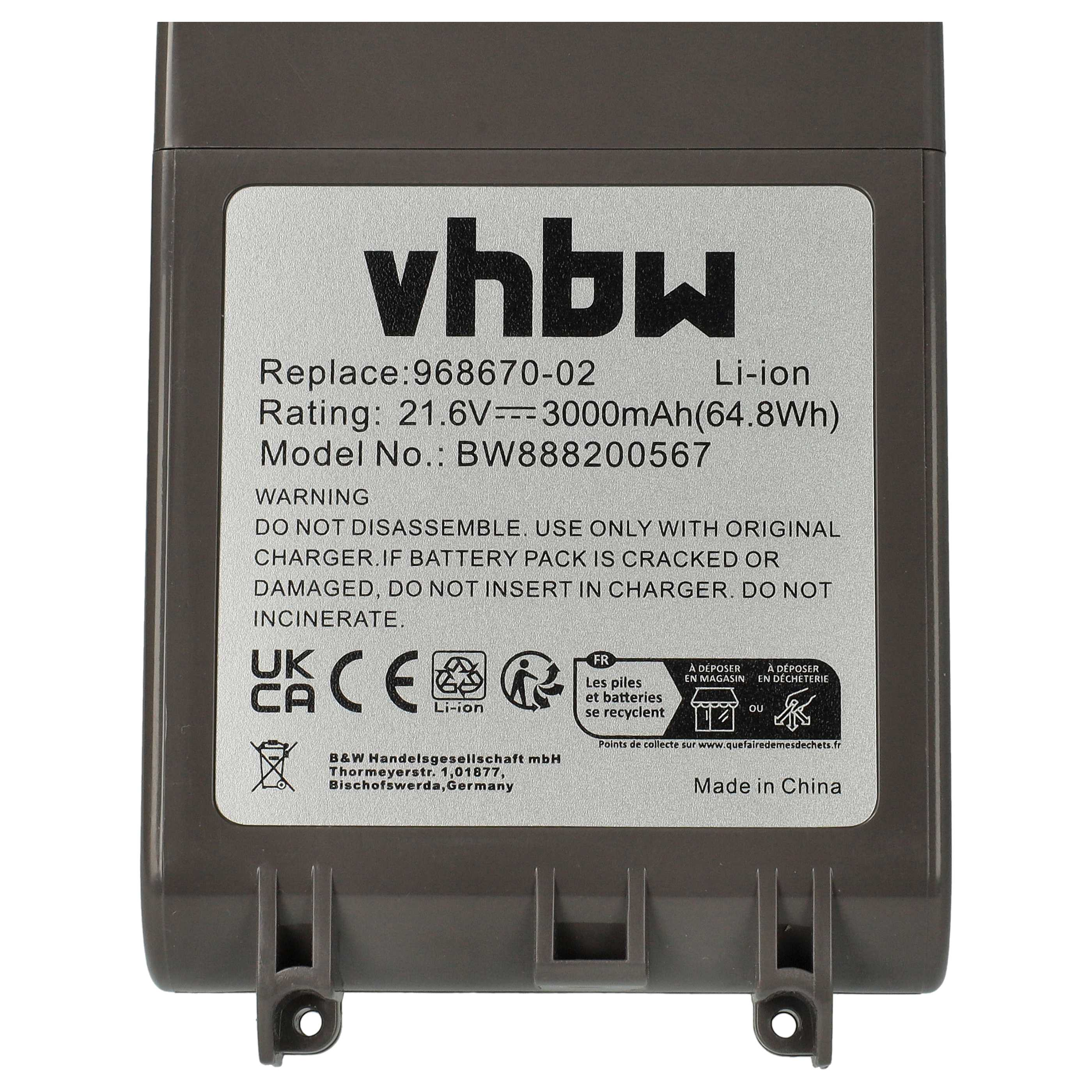 Ein Akku mit Text: vhbw, Replace:968670-02, Li-ion, Bewertung: 21,6 V, Modell-Nr.: BW888200567. Graue Farbe mit Warntext.