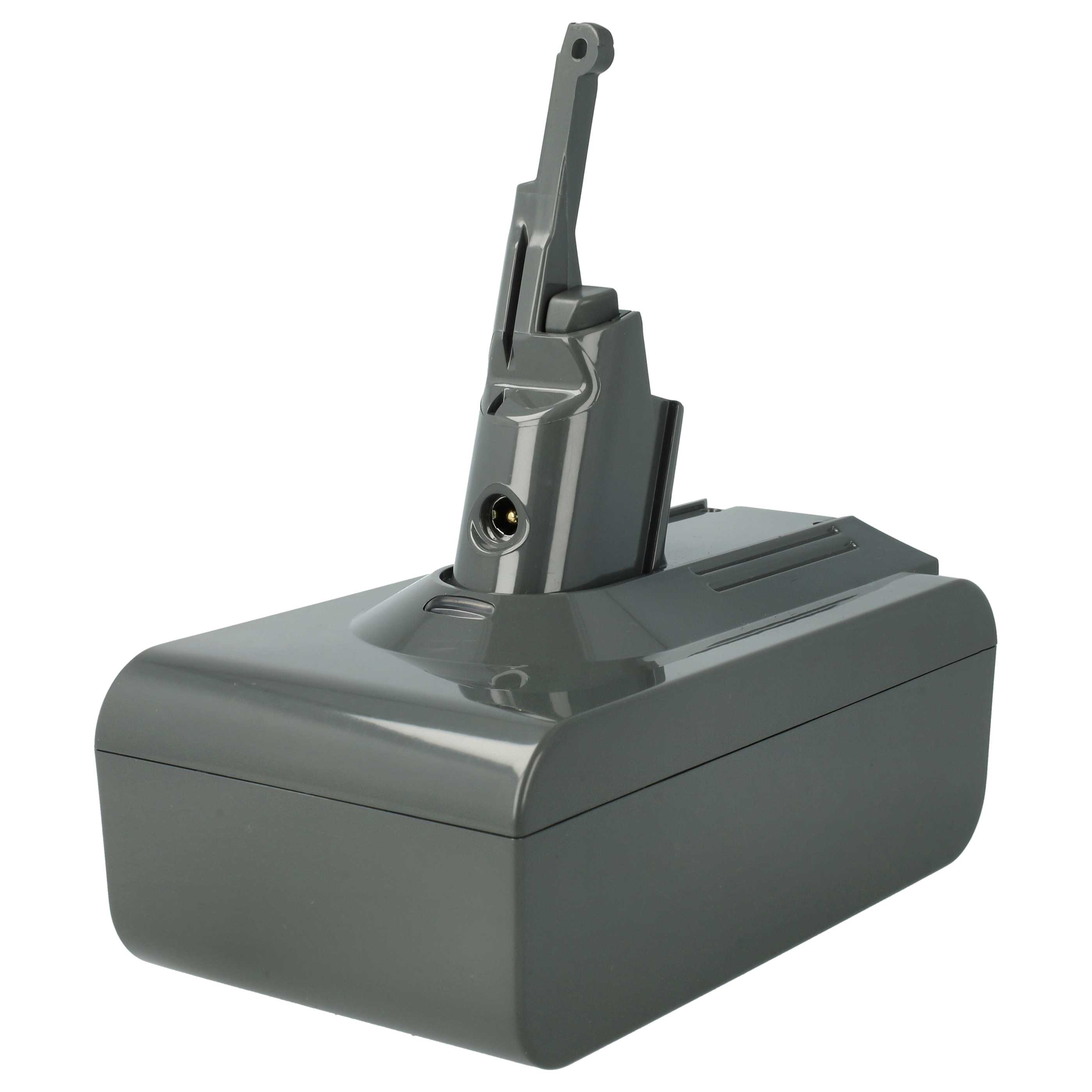 Ein grauer Staubsauger-Akku. Er hat eine rechteckige Basis mit einer vertikalen Komponente mit einem Griff.