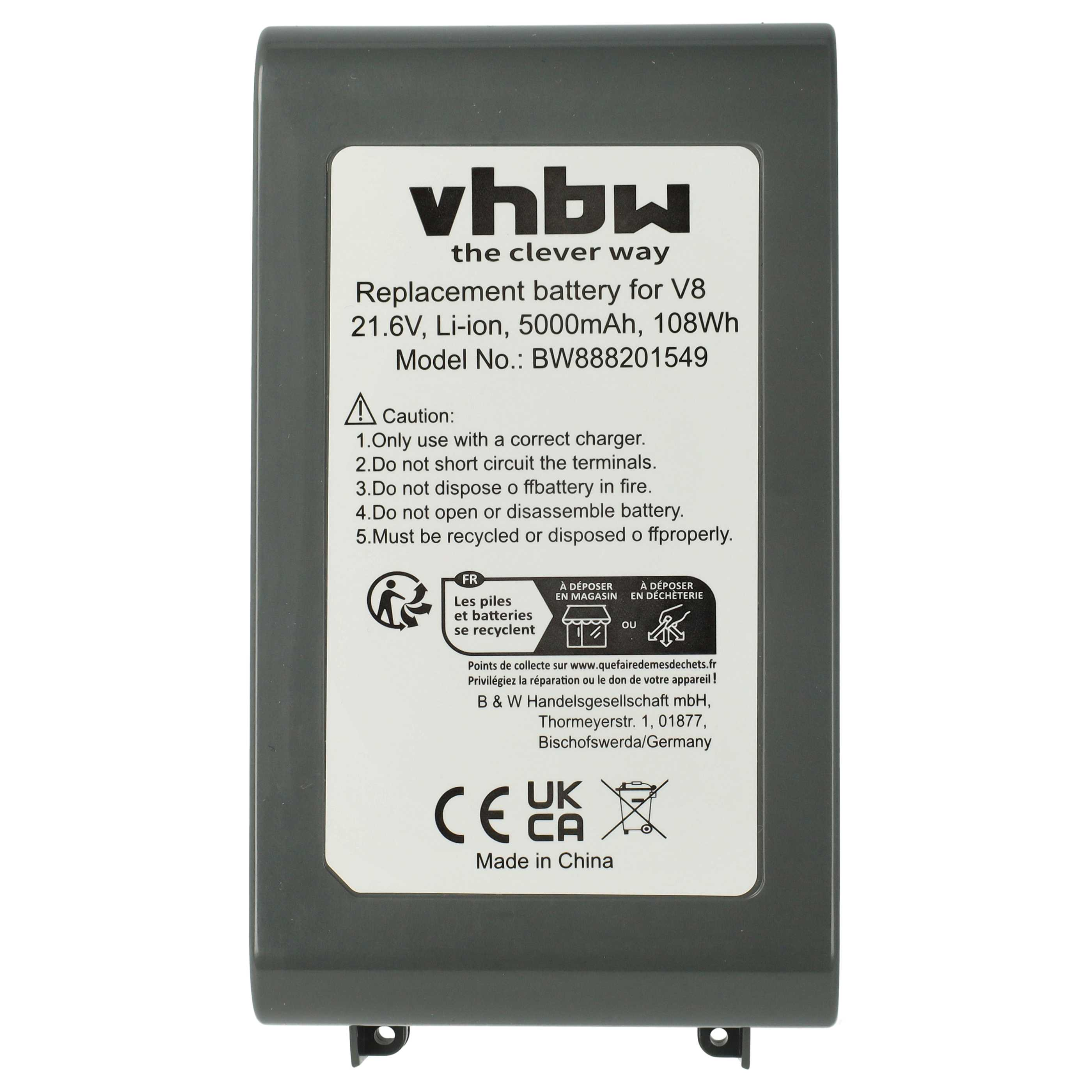 Graue Batterie mit Text, darunter 'vhbw' und Sicherheitshinweise. Enthält Recycling-Symbole und ein 'Made in China'-Etikett.