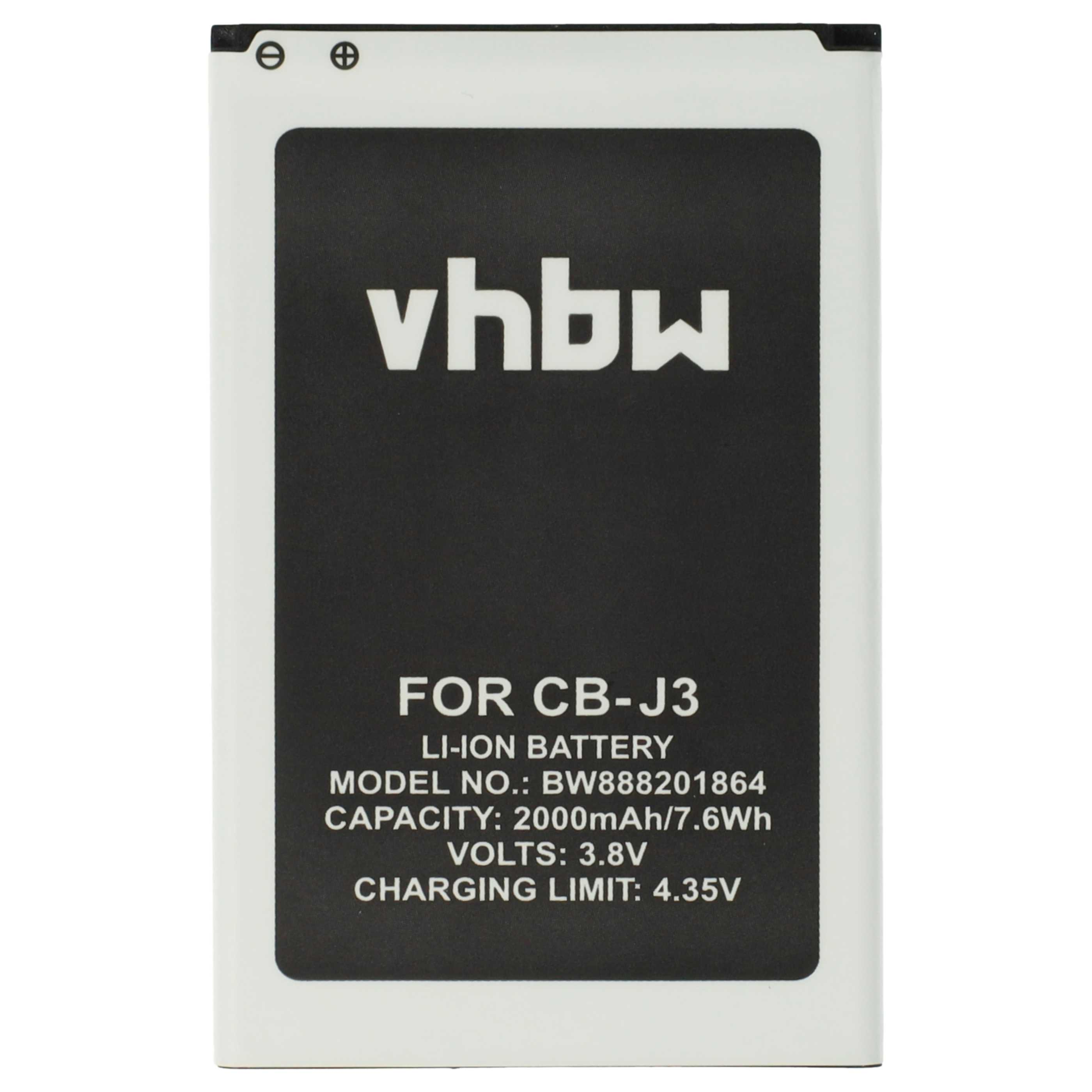 Ein weißer rechteckiger Akku mit schwarzer Mitte. Auf dem schwarzen Bereich steht 'vhbw', 'FOR CB-J3' und Batteriespezifikationen.