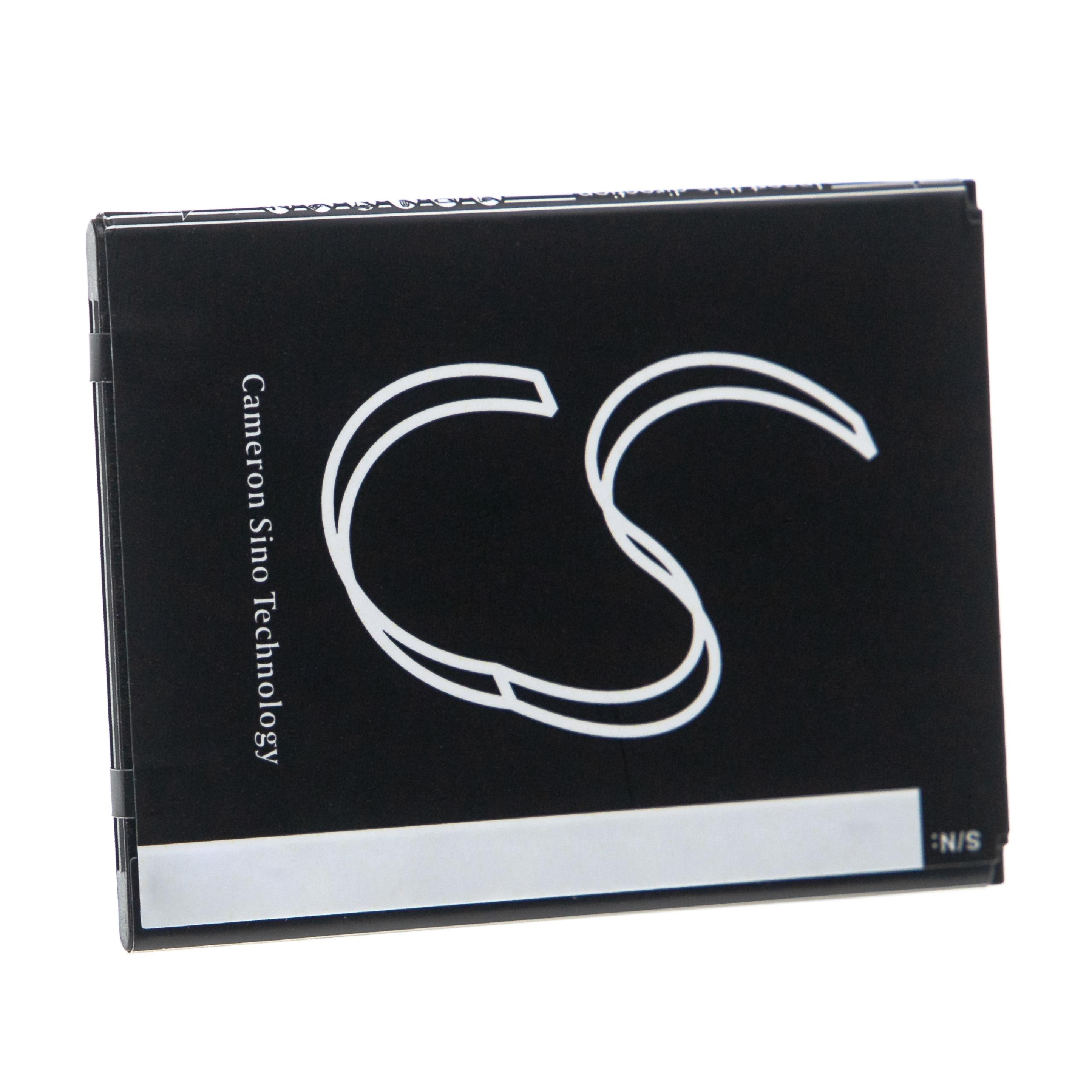 Ein schwarzer Akku mit weißem "CS"-Logo und dem Text "Cameron Sino Technology". Weißes Etikett unten. Weißer Hintergrund.