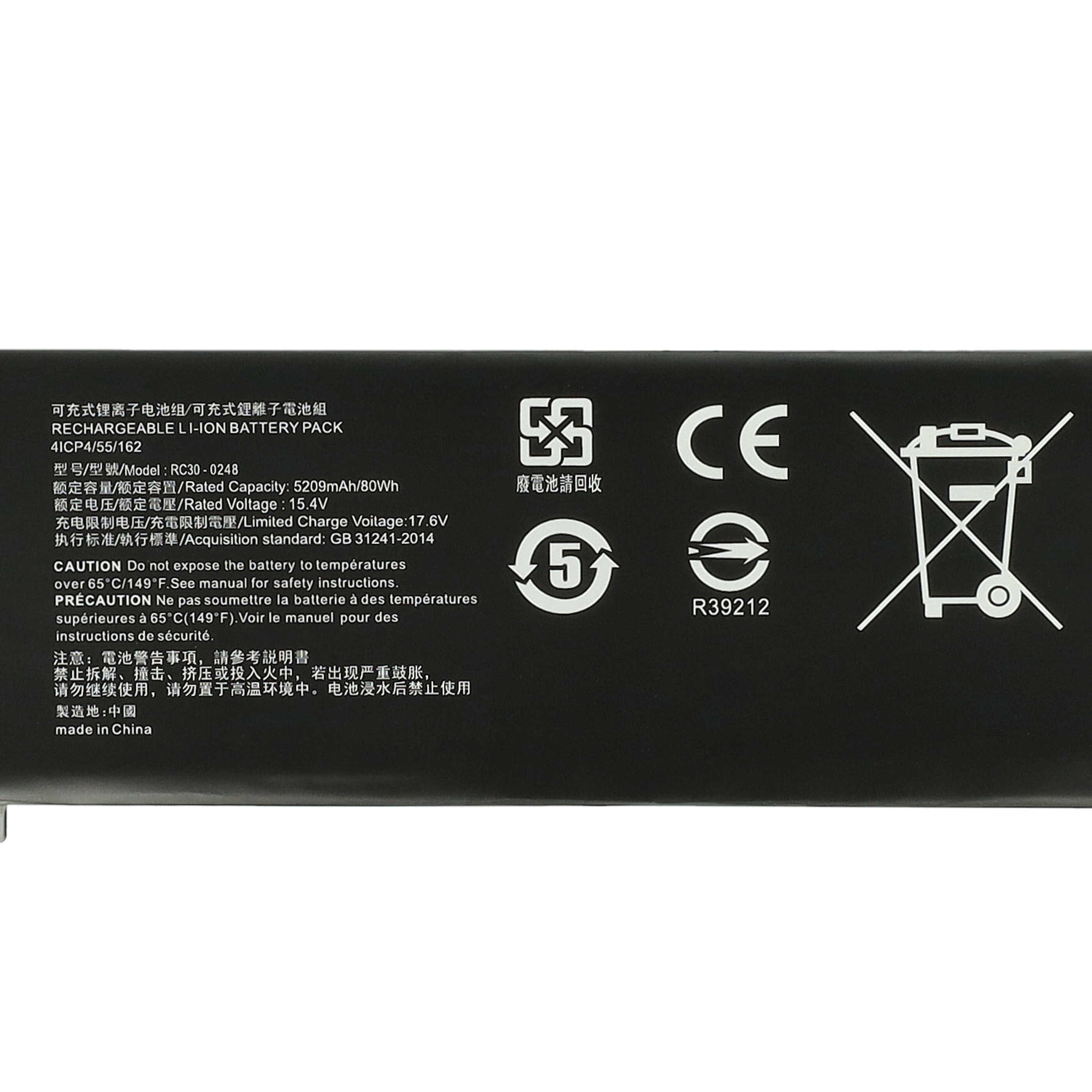 Schwarzes Batteriepack mit Text und Symbolen. Es enthält Warnungen und Recycling-Symbole. Hergestellt in China.