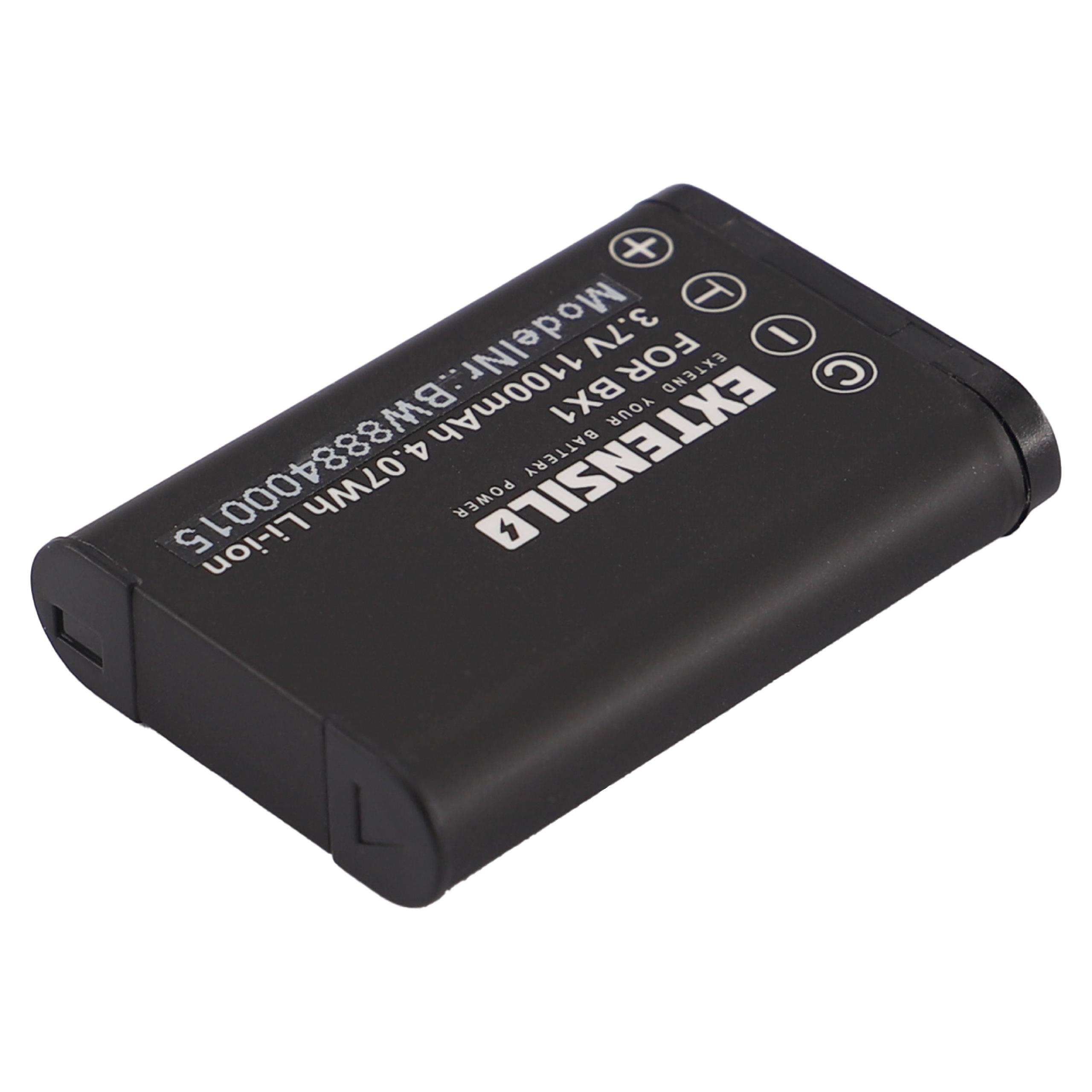 Ein schwarzer EXTENSILE-Akku. Text auf dem Akku: 3,7 V 1100 mAh 4,07 Wh Li-Ion. ModelNr.: BW888400015. Weißer Hintergrund.