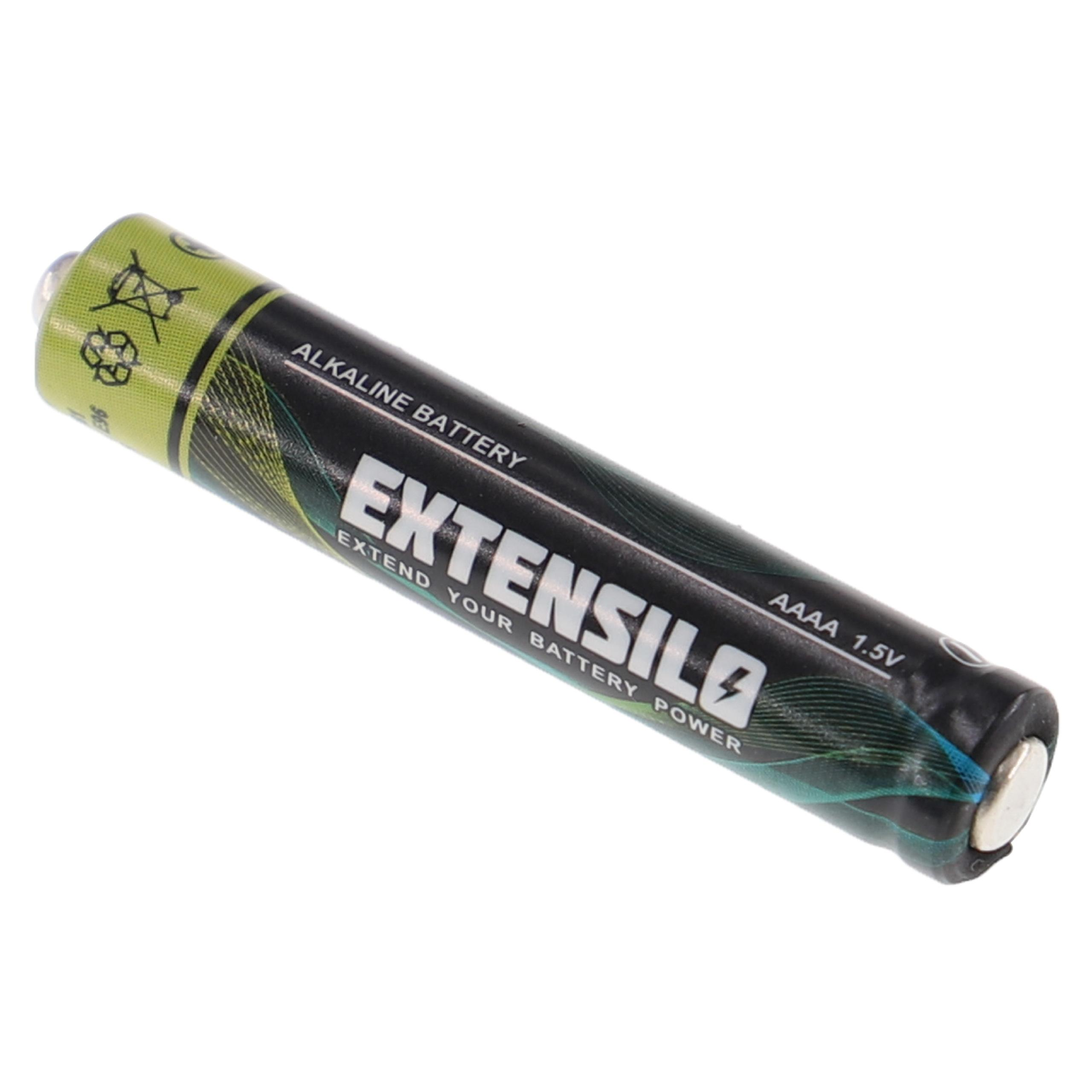 Eine schwarze und grüne AAA-Batterie. Die Batterie ist mit EXTENSILO und Alkaline beschriftet.