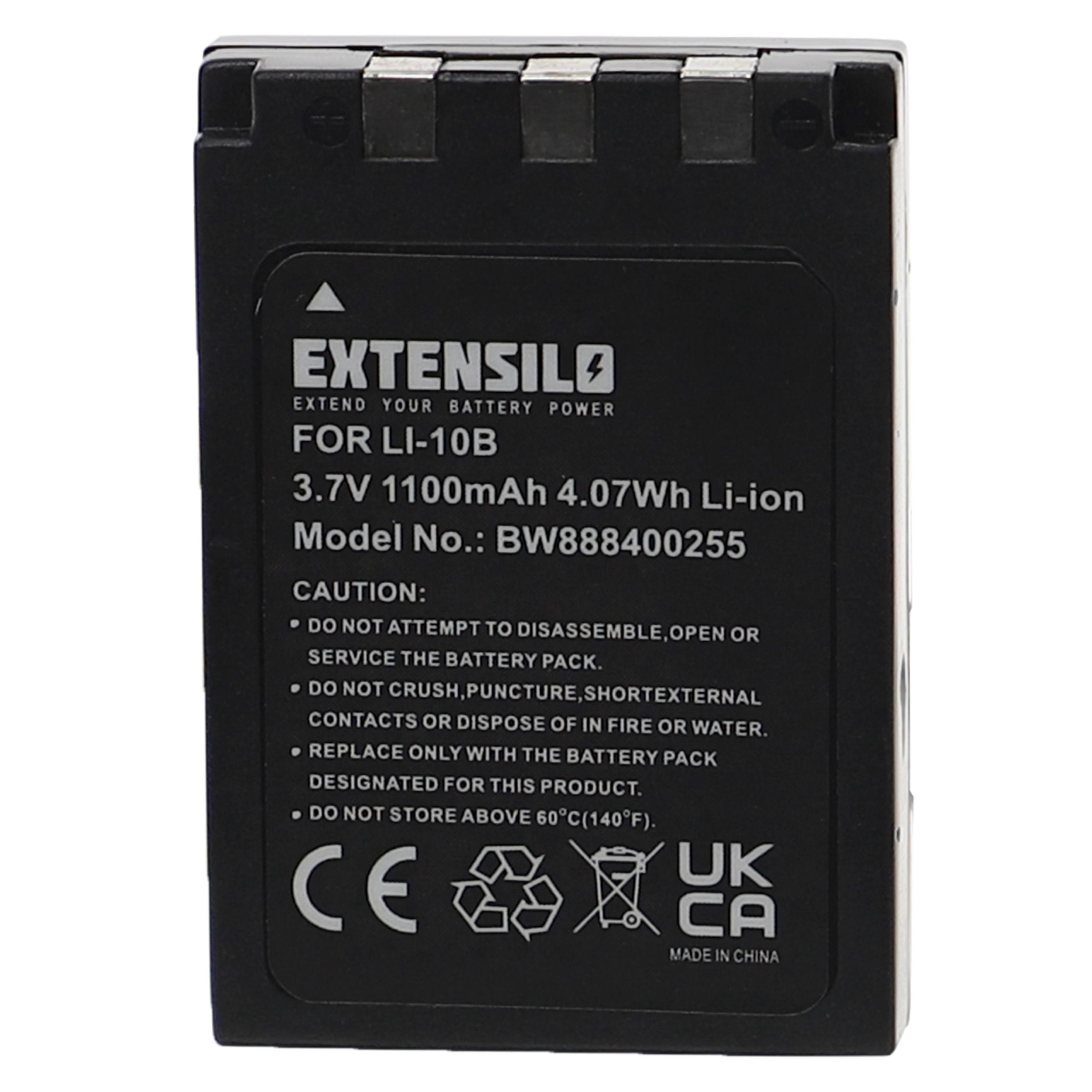 Schwarzer Akku mit weißem Text. Er hat das Extensilo-Logo und Warnhinweise. Es ist ein 3,7-V-1100-mAh-Li-Ionen-Akku.