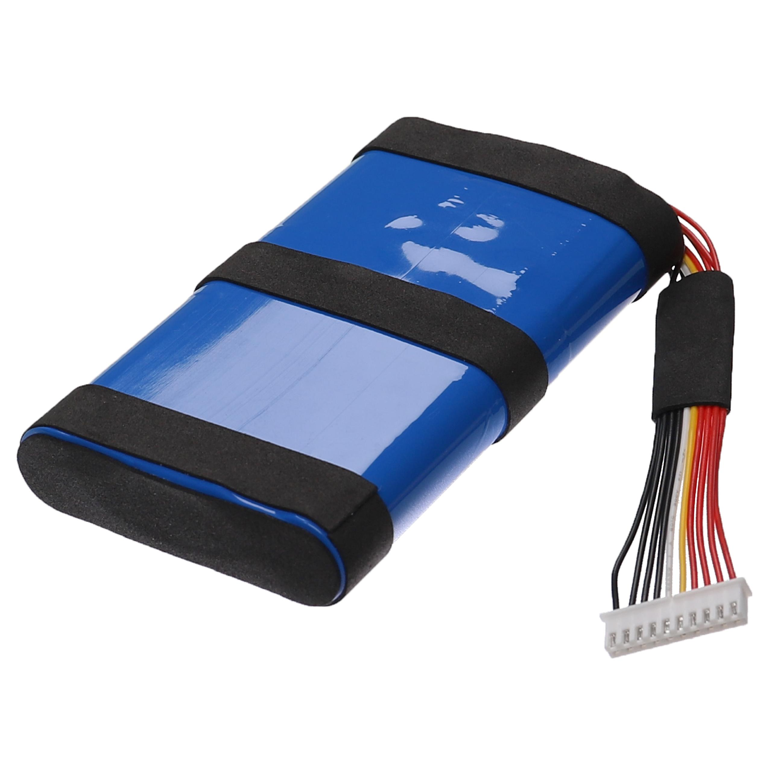 Ein blauer Akku mit schwarzen Gummibändern und einem Stecker mit bunten Drähten.