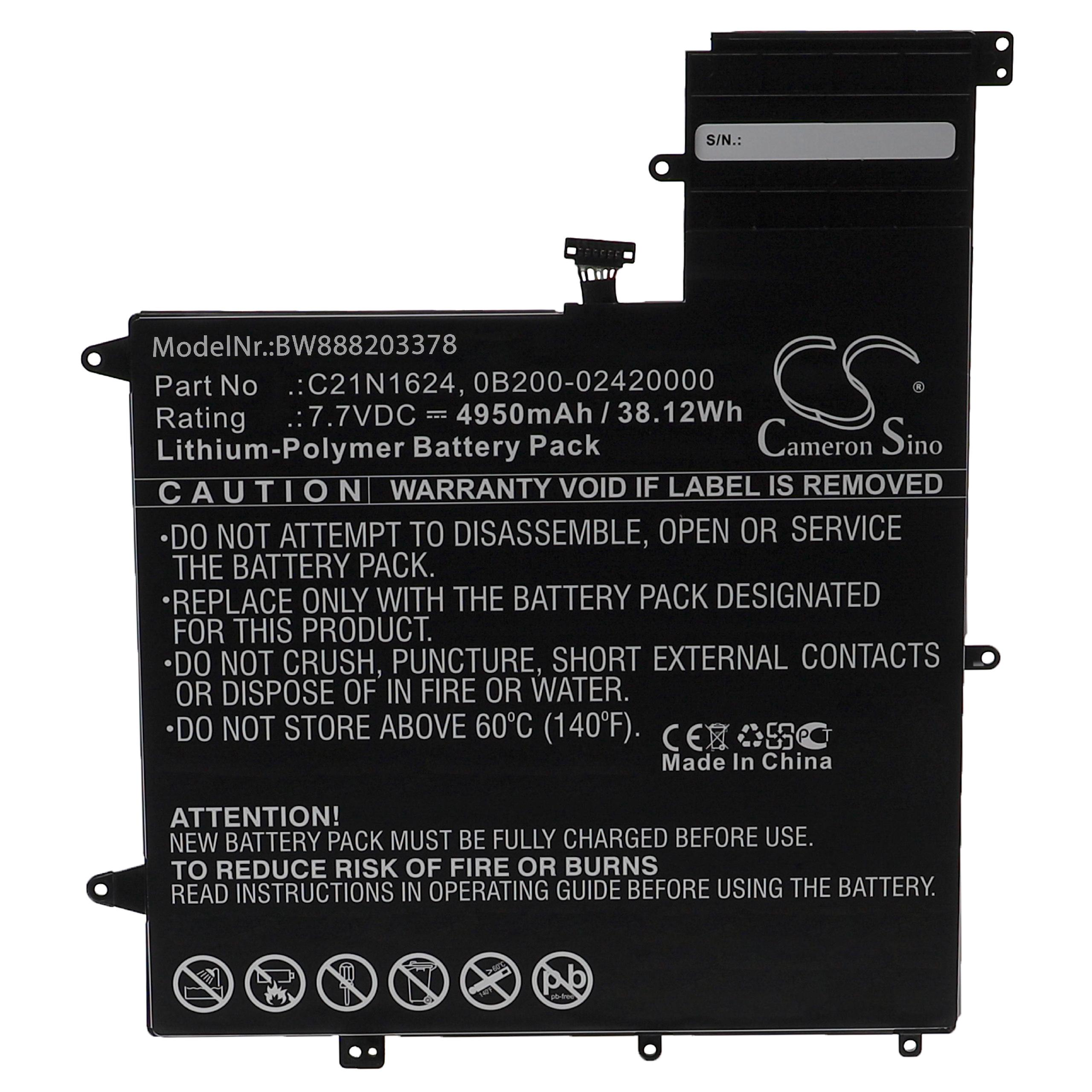 Schwarzes Batterieetikett mit weißem Text. Informationen umfassen Modellnummer, Teilenummer und Sicherheitshinweise.