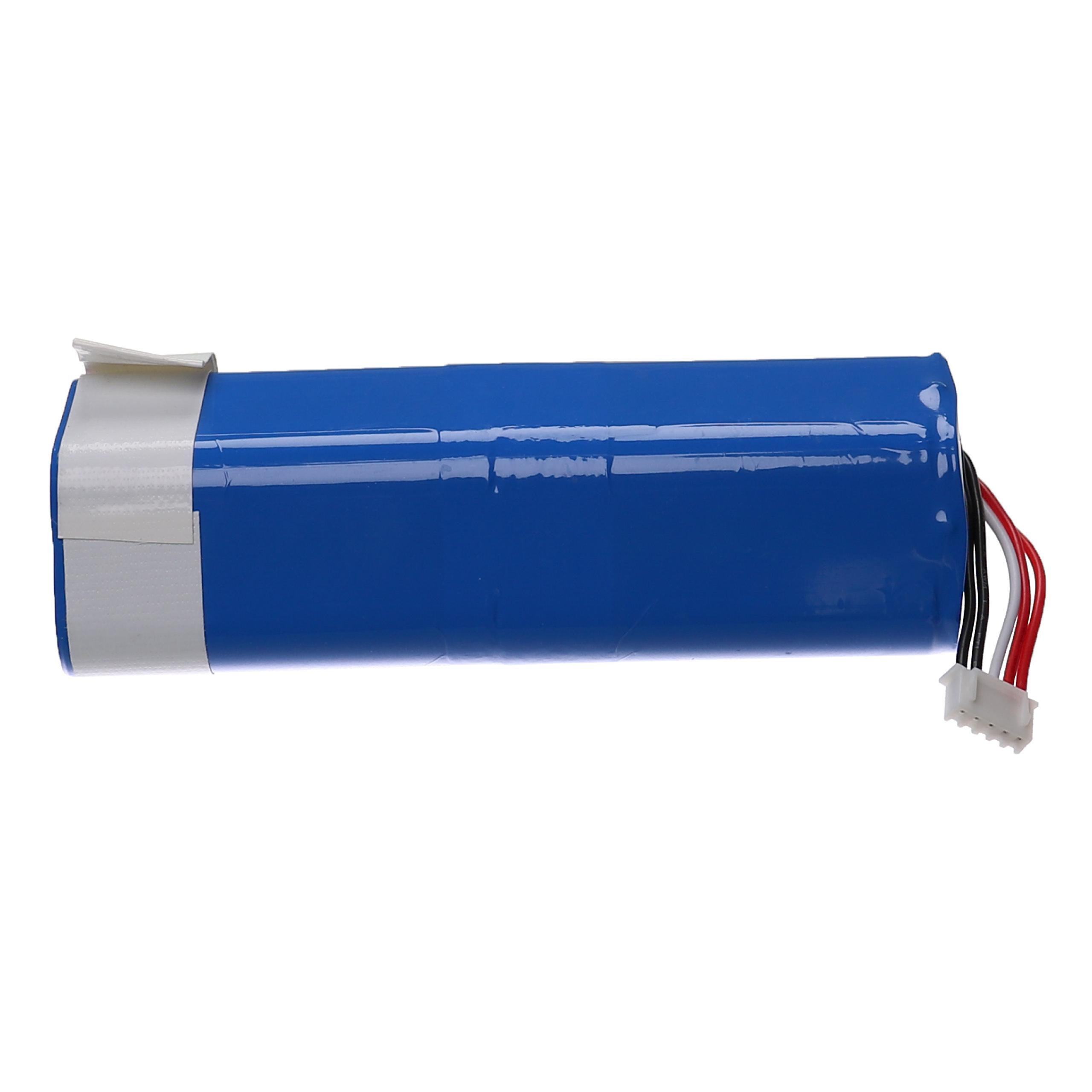 Blaue zylindrische Batterie mit weißem Klebeband am Ende. Drähte und ein Stecker sind am anderen Ende sichtbar.