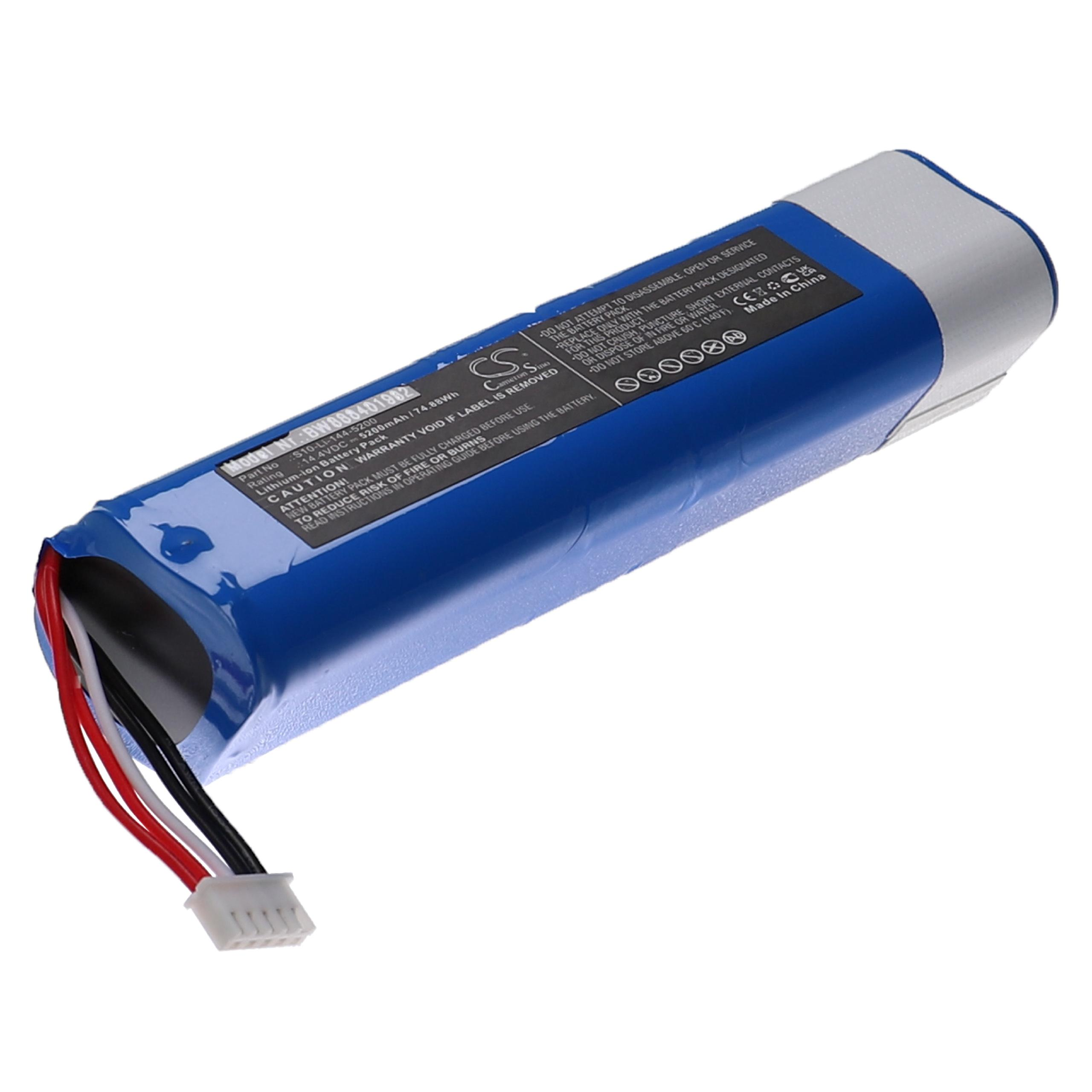 Ein blaues Akkupack mit weißen und silbernen Akzenten. Es hat Warnhinweise und farbige Drähte, die mit einem Stecker verbunden sind.