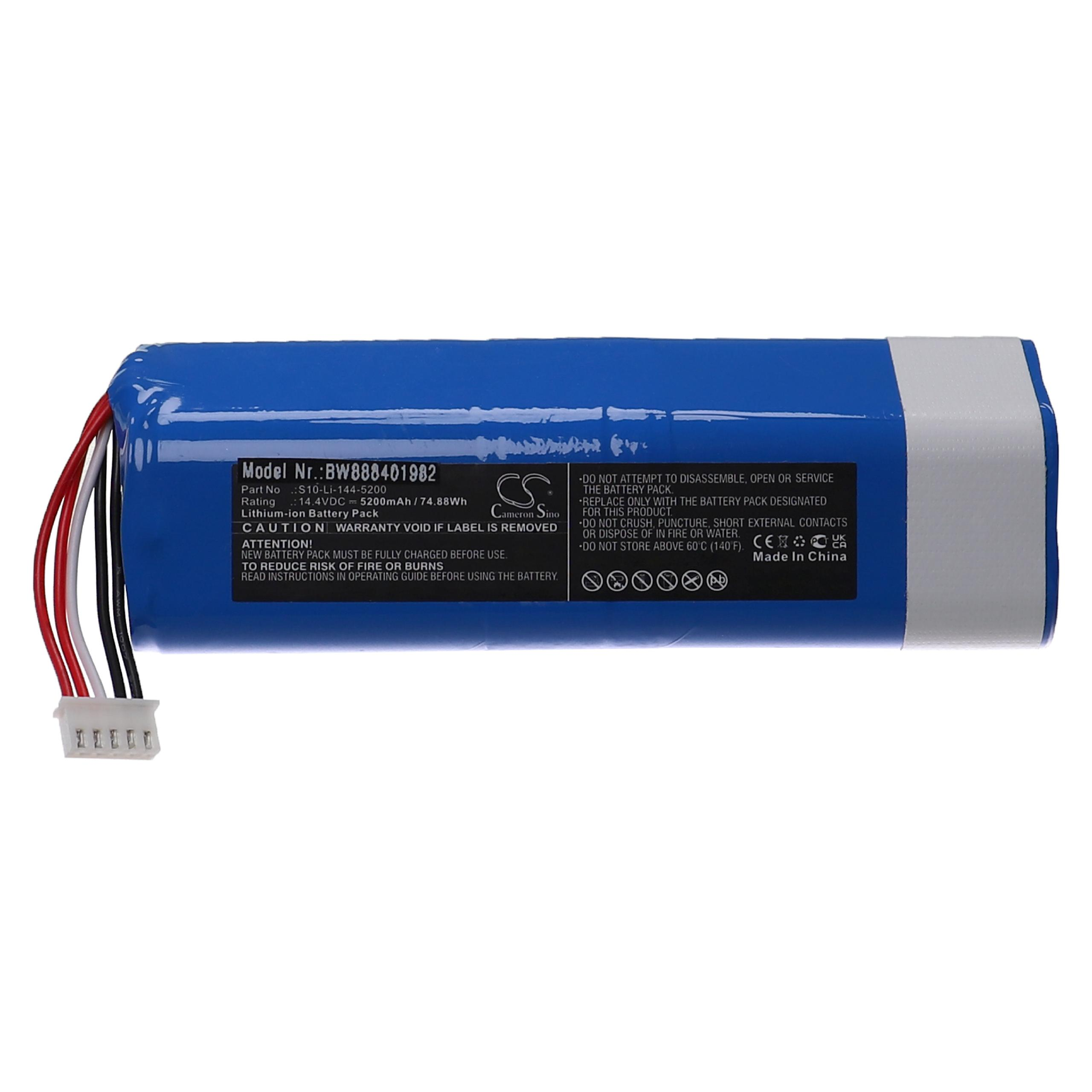 Ein blauer Lithium-Ionen-Akku mit Etiketten und Drähten. Text enthält Modell- und Vorsichtsinformationen.