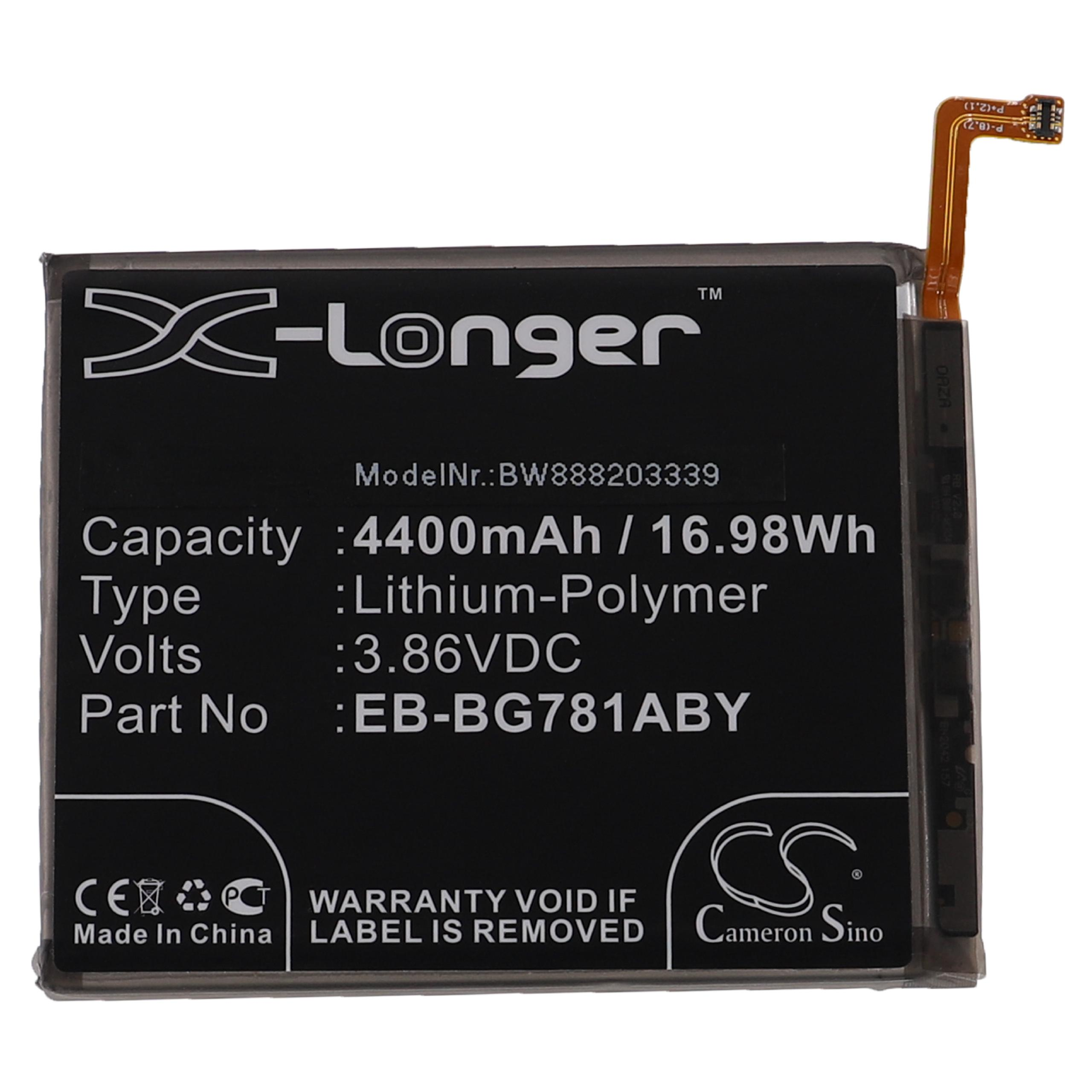 Schwarzer Akku mit weißem Text: X-Longer, Kapazität 4400mAh, Lithium-Polymer, 3,86VDC, Teil EB-BG781ABY, mit braunem Band.
