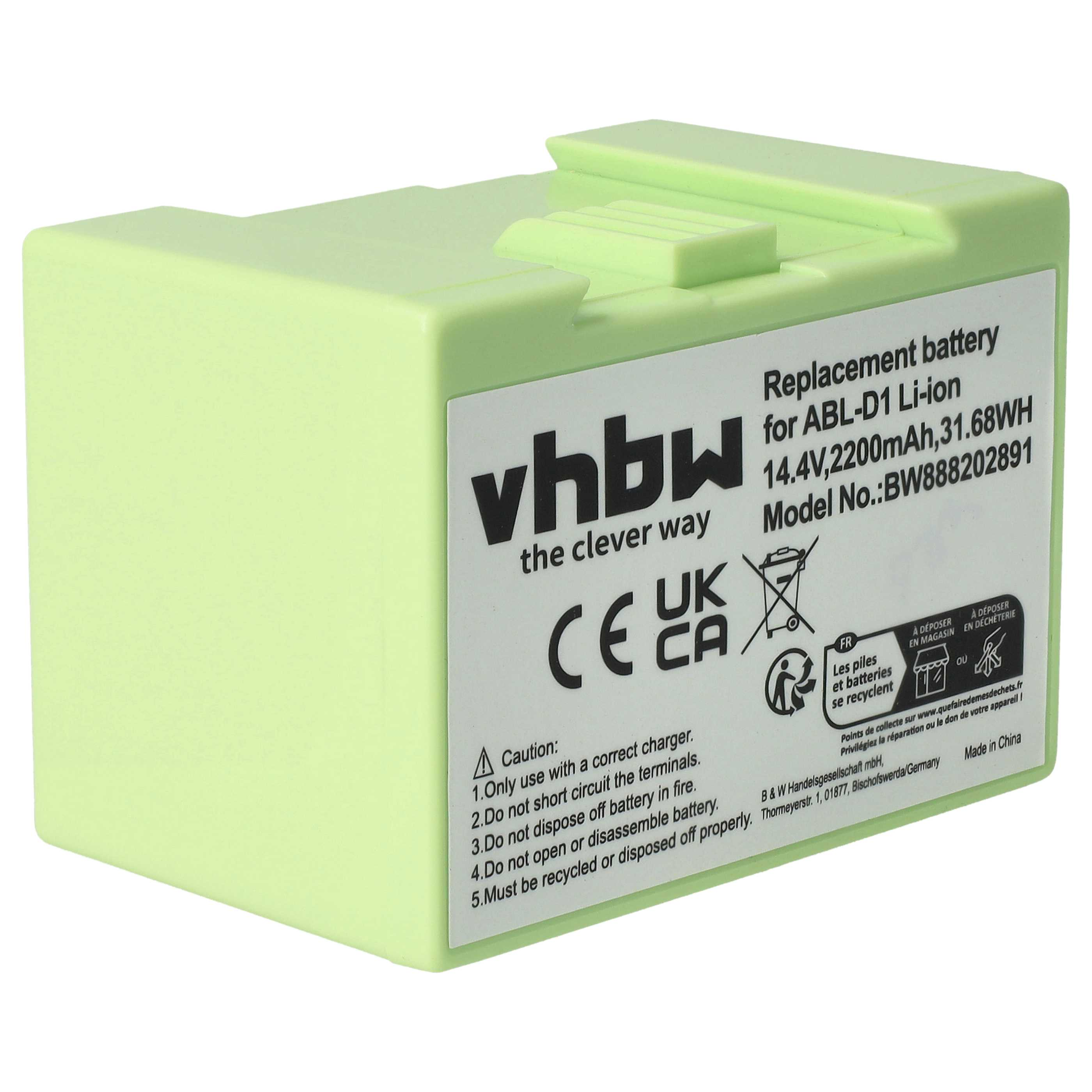 Ein grüner Akku mit weißen Etiketten wird gezeigt. Der Text enthält "vhbw", "Ersatzbatterie" und Sicherheitshinweise.
