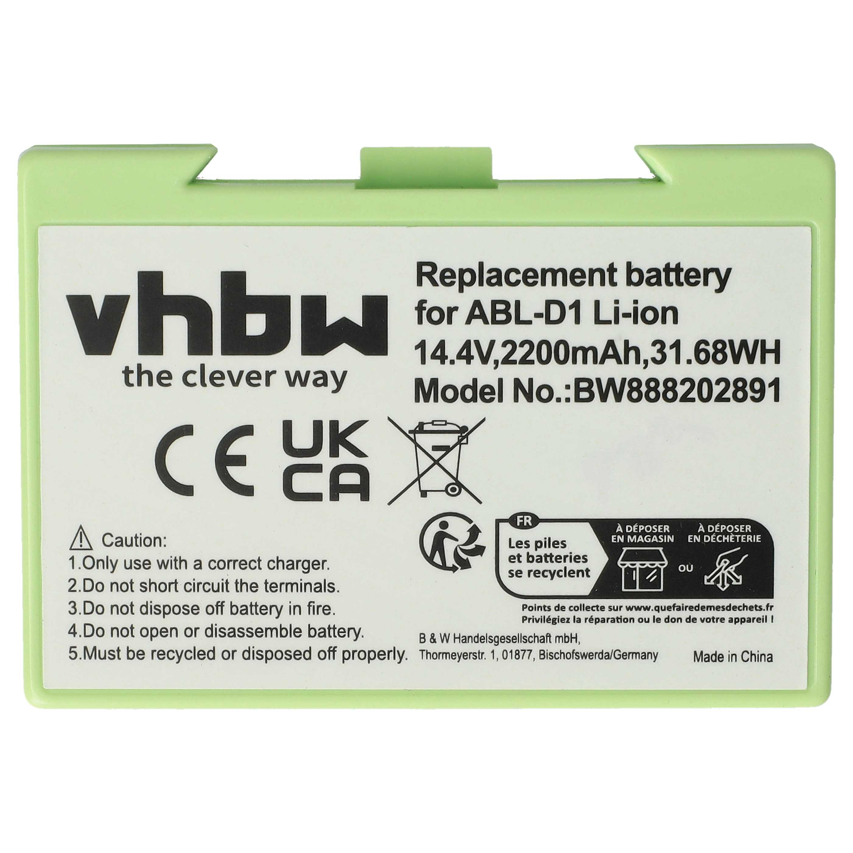 Grüne Batterie mit Text: vhbw, Ersatzbatterie für ABL-D1 Li-ion. Anweisungen und Recycling-Symbole sind ebenfalls sichtbar.