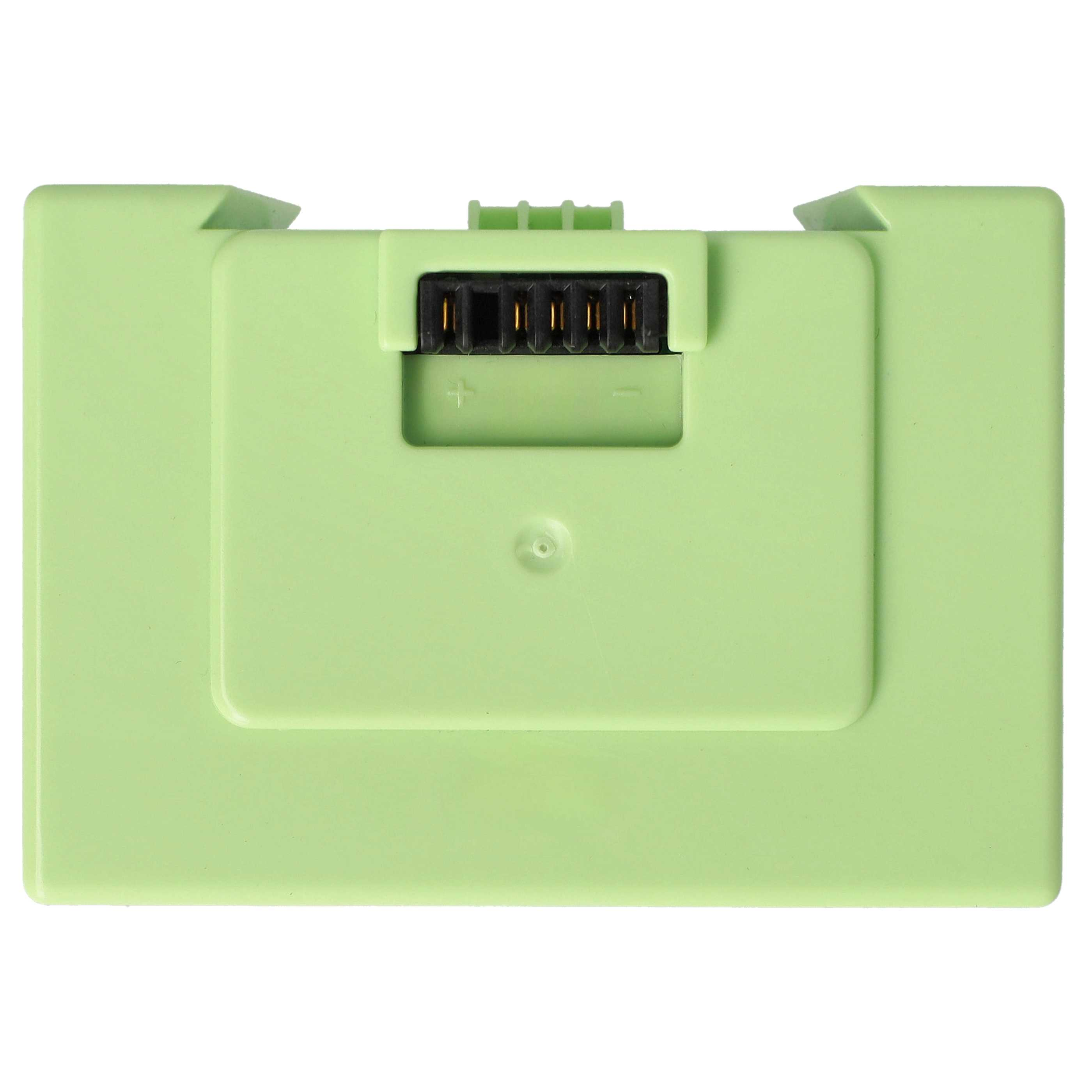 Ein hellgrünes rechteckiges Objekt, möglicherweise ein Akku, mit einem schwarzen Stecker und Plus/Minus-Zeichen.