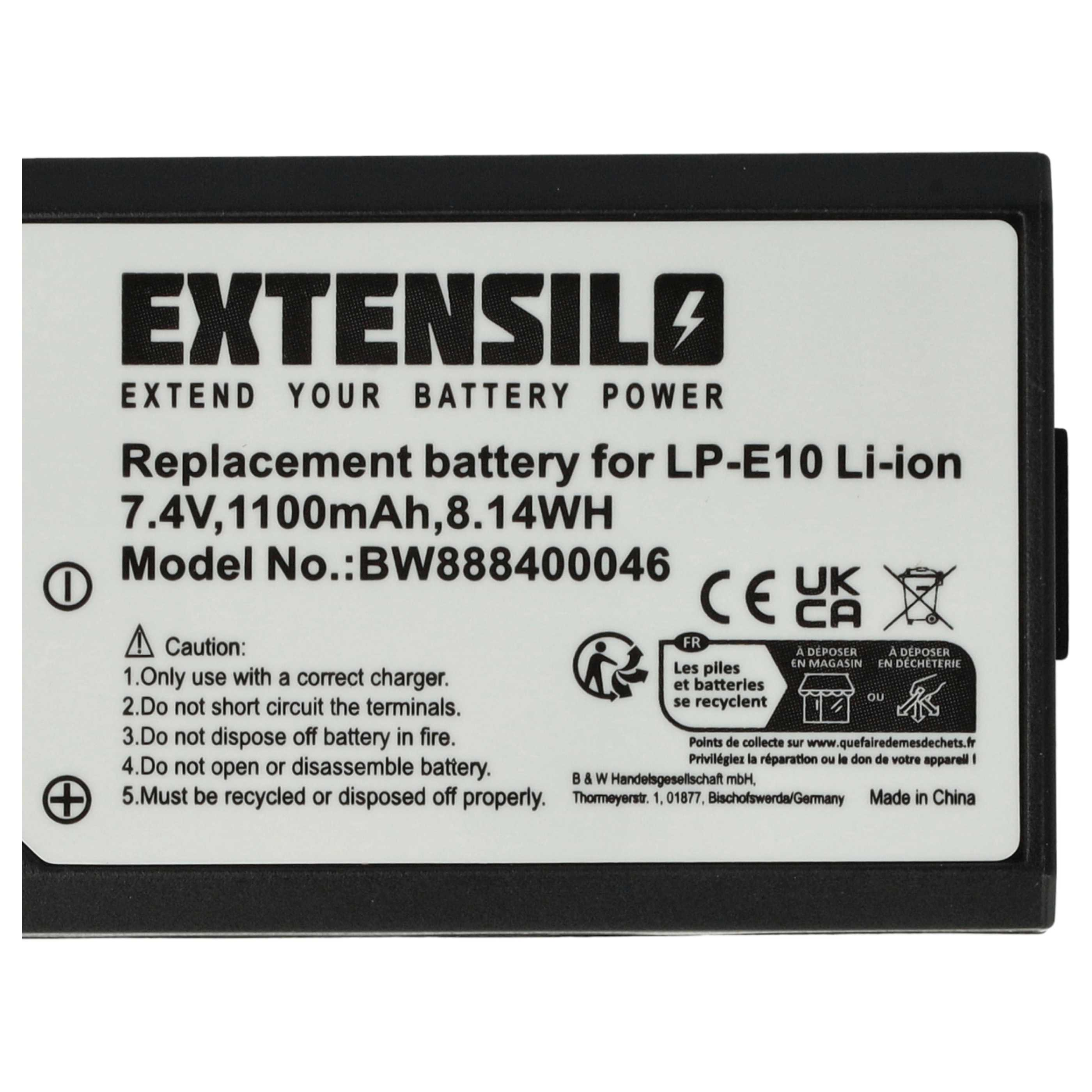 Ein schwarz-weißes Batterieetikett mit Text. Es steht 'EXTENSILO' und enthält Warnhinweise zu Gebrauch und Recycling.