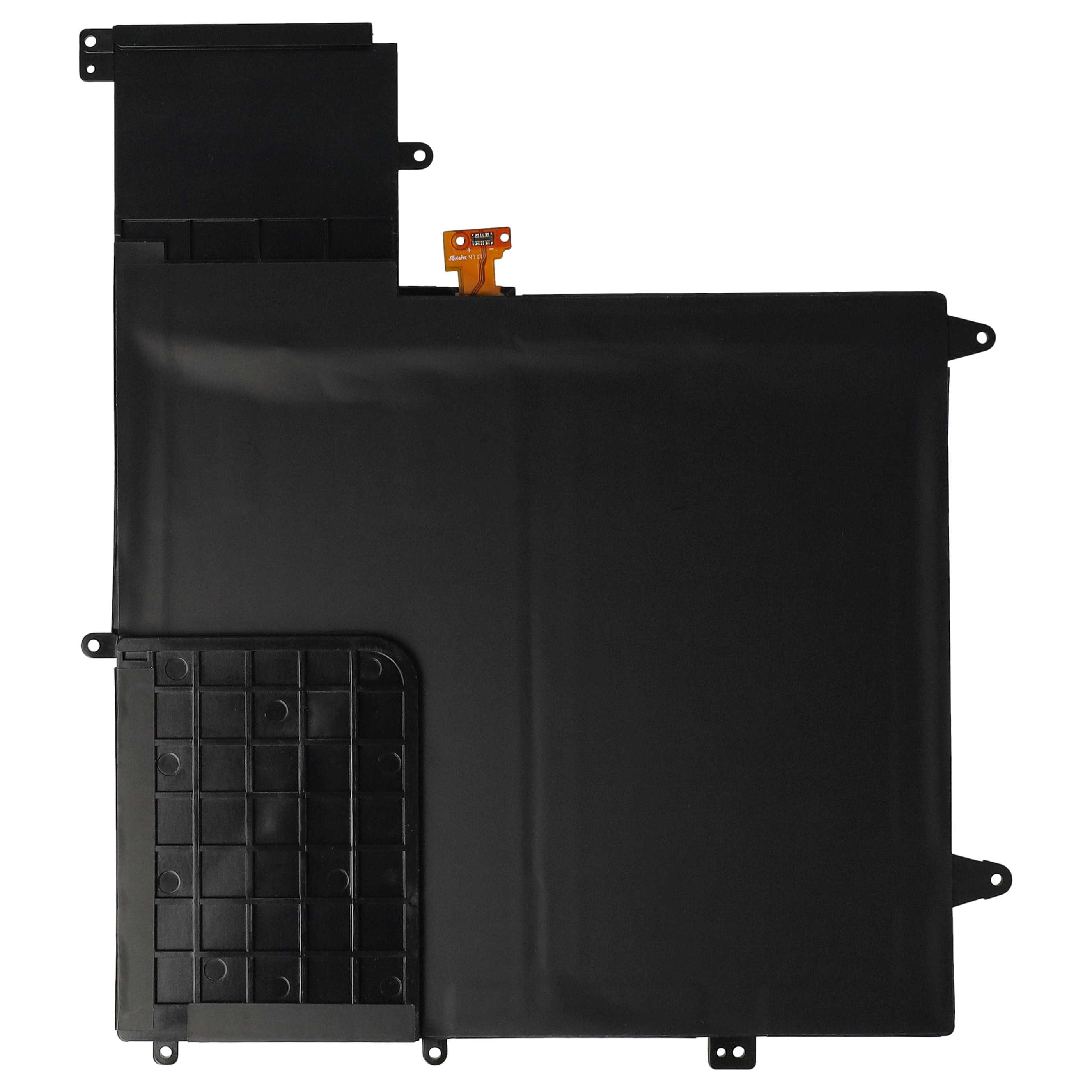 Ein schwarzer Laptop-Akku mit rechteckiger Form, verschiedenen Anschlüssen und einer kleinen Leiterplatte.