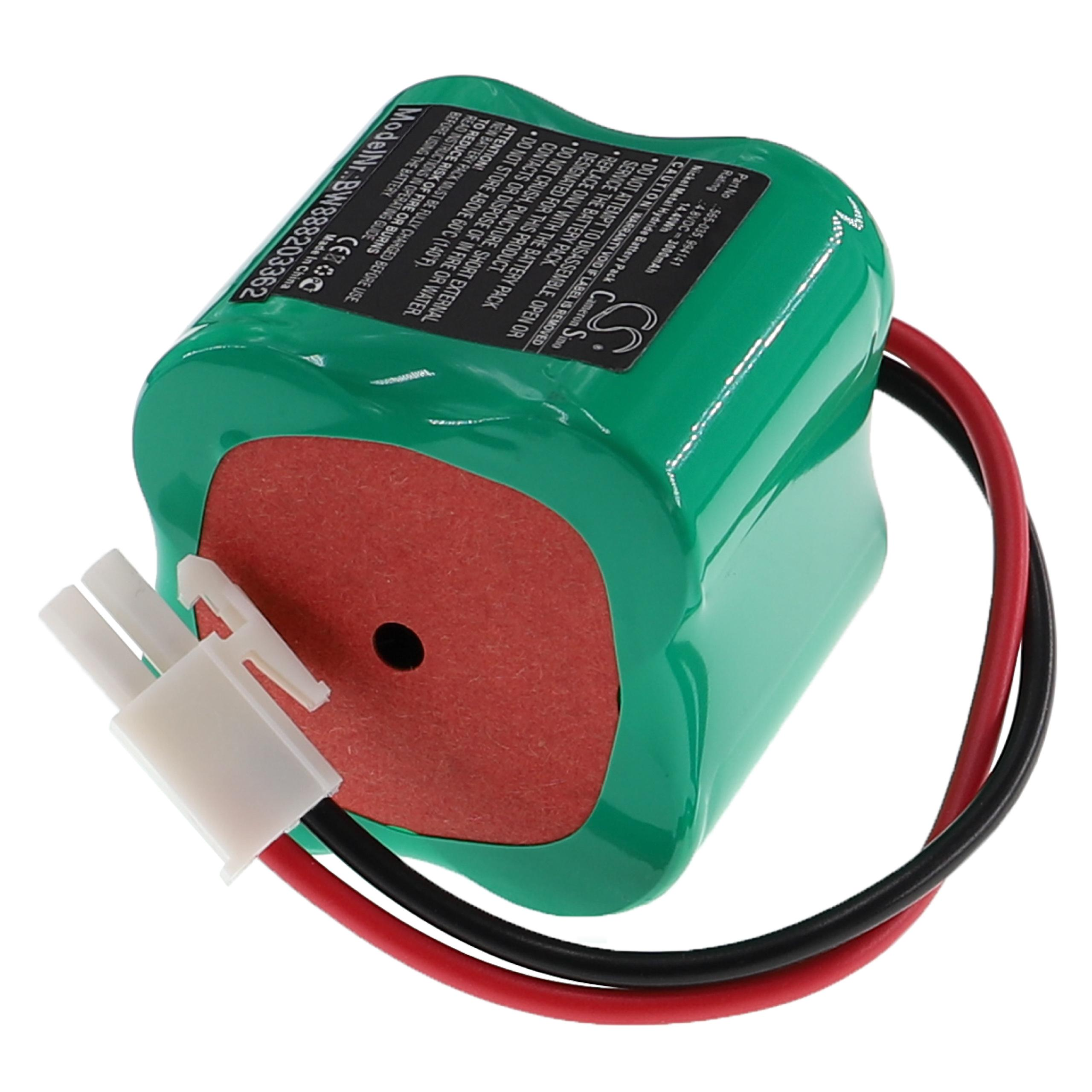 Ein grüner Akku mit roten und schwarzen Drähten. Er hat einen weißen Stecker und Etiketten.