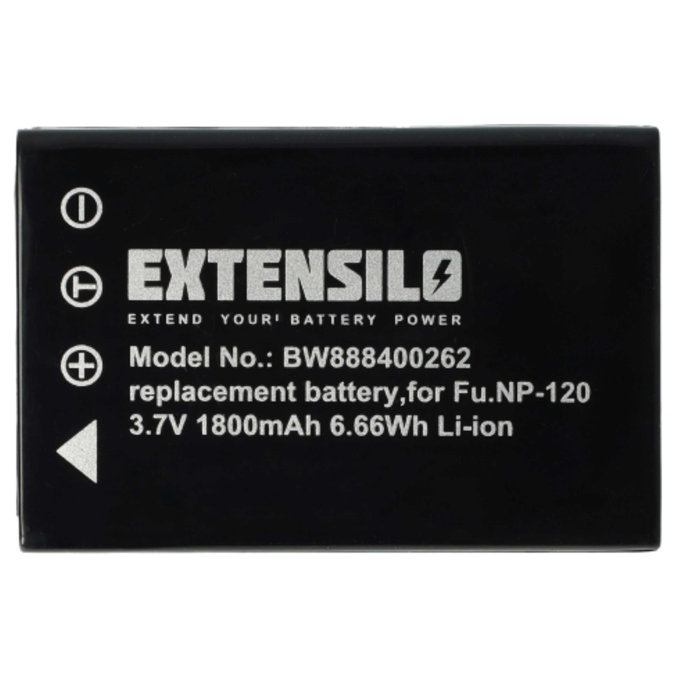 Schwarzer Akku mit weißem Text: Extensilo, Modellnummer, 3,7 V 1800 mAh Li-Ion. Symbole sind Plus, Minus und ein Dreieck.