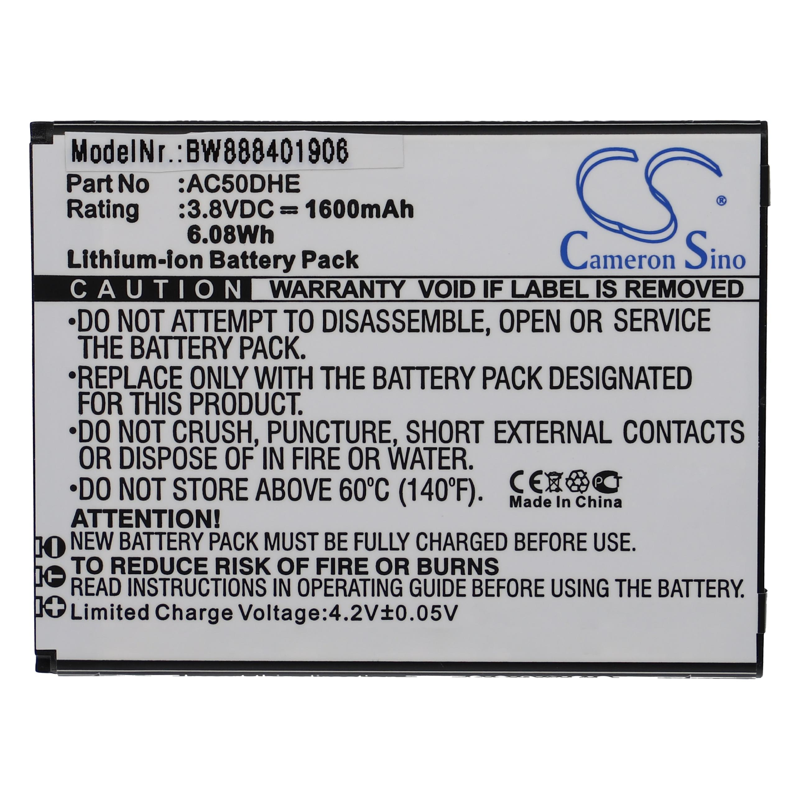 Ein Batterielabel mit Text. Es enthält Warnungen, Modellinformationen und ein Firmenlogo.