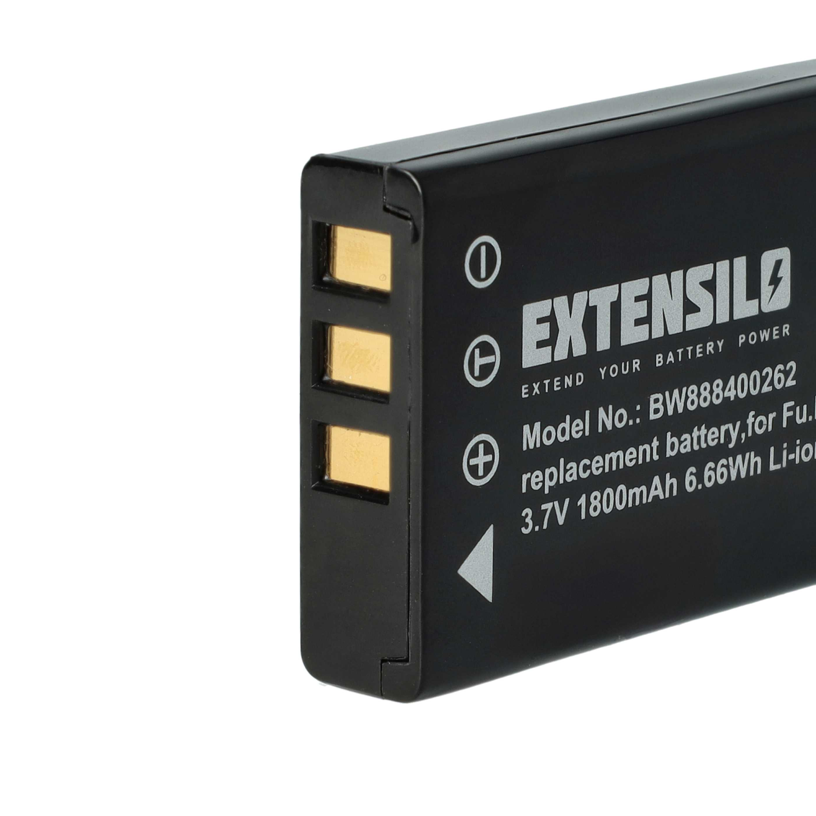 Schwarzer Akku mit Goldkontakten. Text: EXTENSILO, Modell BW888400262, 3,7 V 1800 mAh. Plus- und Minus-Symbole sind vorhanden.