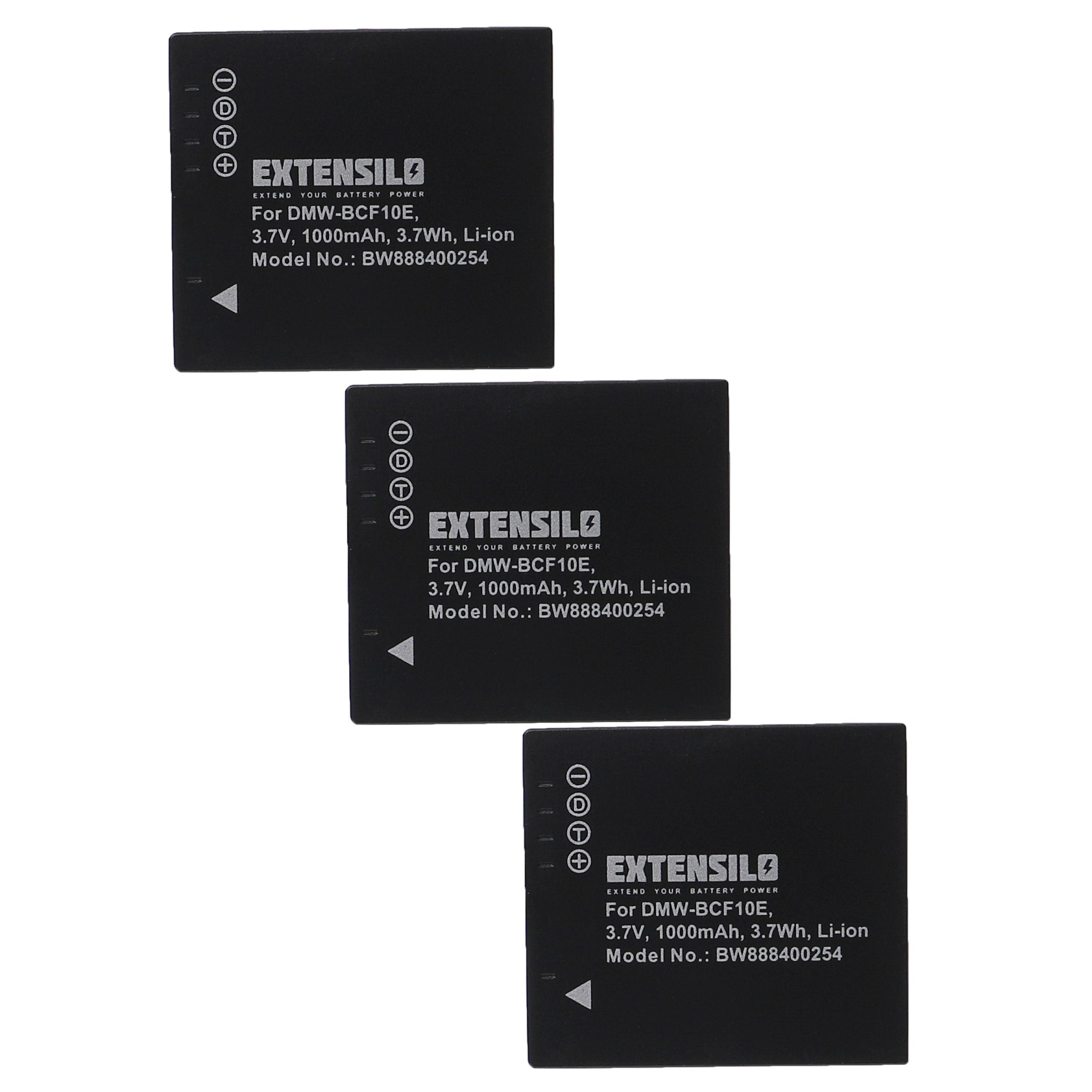 Drei schwarze Batterien mit weißem Text, Markenlogo und technischen Daten auf weißem Hintergrund.