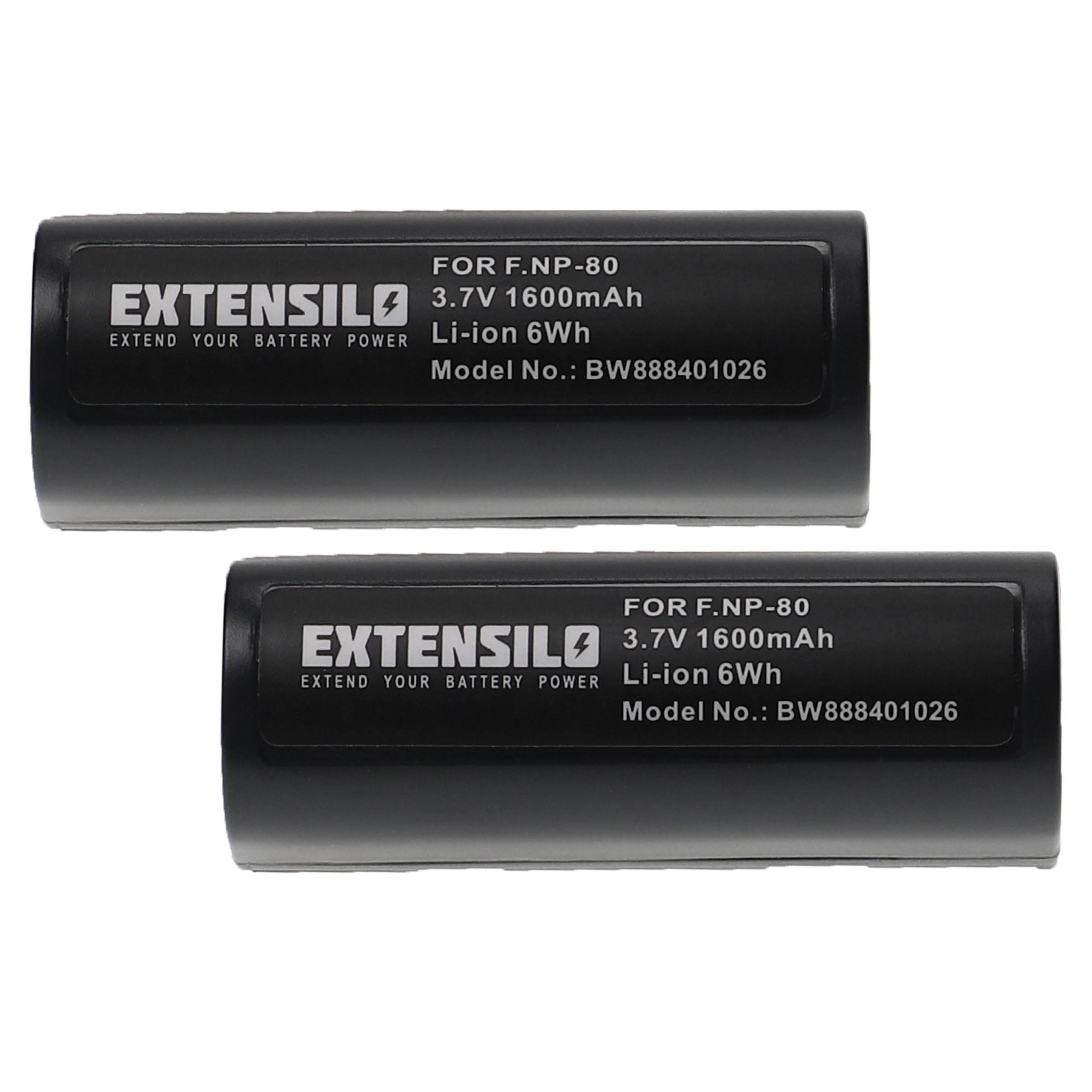 Zwei schwarze EXTENSILO-Akkus mit weißem Text. Jeder hat die Spezifikationen: 3,7 V, 1600 mAh, Li-Ion 6 Wh, Modell-Nr.: BW888401026.