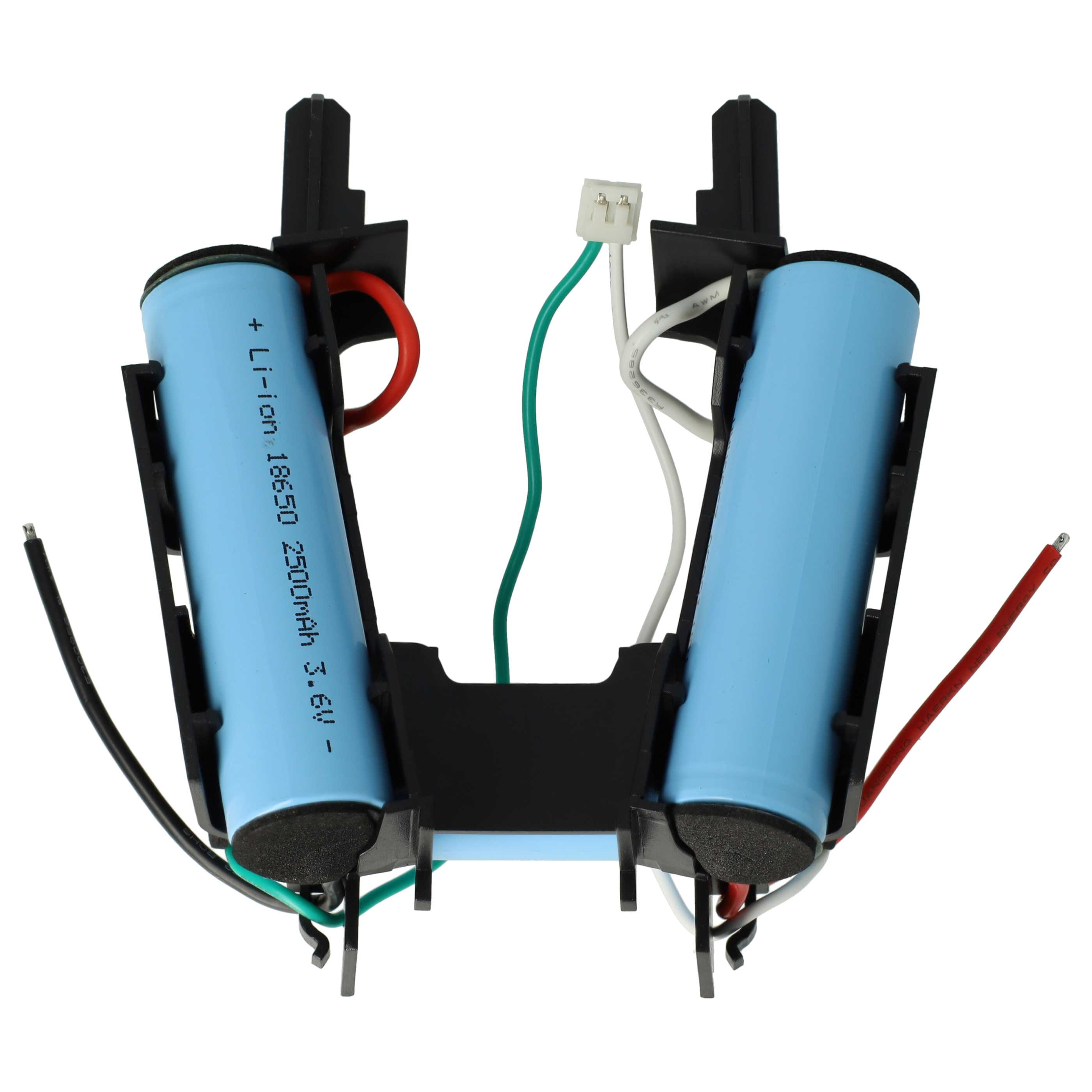 Zwei blaue zylindrische Batterien in einem schwarzen Halter, mit verschiedenfarbigen Drähten.