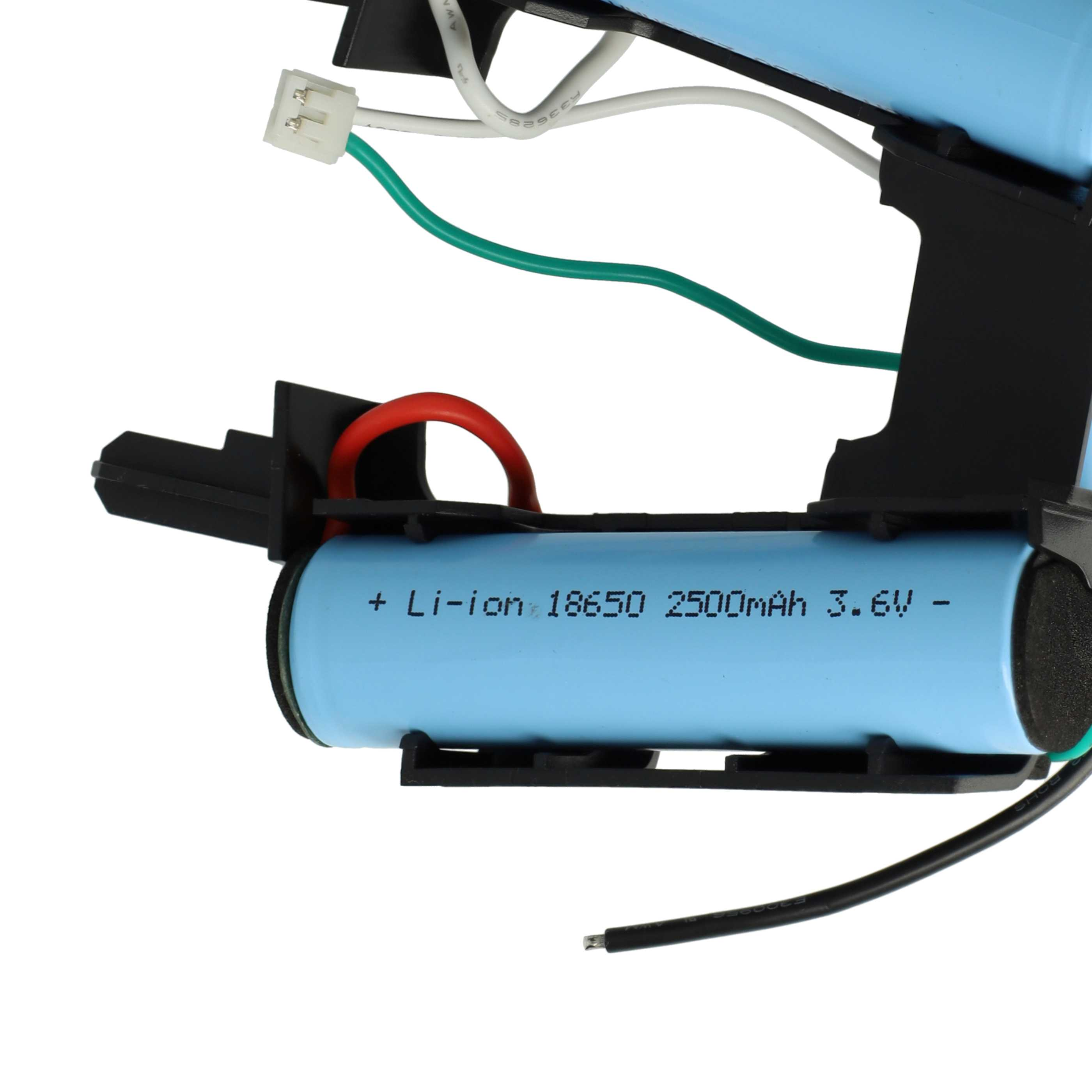 Eine blaue Li-Ionen-Batterie mit schwarzen Kunststoffkomponenten und farbigen Drähten vor weißem Hintergrund. Der Text auf der Batterie lautet Spezifikationen.