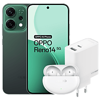 MediaMarkt OPPO Reno14 5G + Gratis Enco Air4 Pro & SUPERVOOC 80W Adapter - 256 GB Luminous Green aanbieding