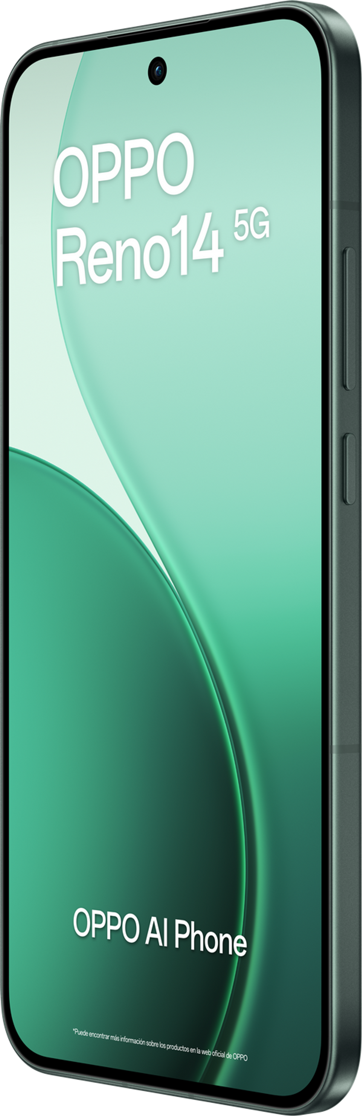 Zielony telefon Oppo Reno14 5G jest pokazany. Ekran wyświetla zielone tło z tekstem. Telefon jest na czarnym tle.