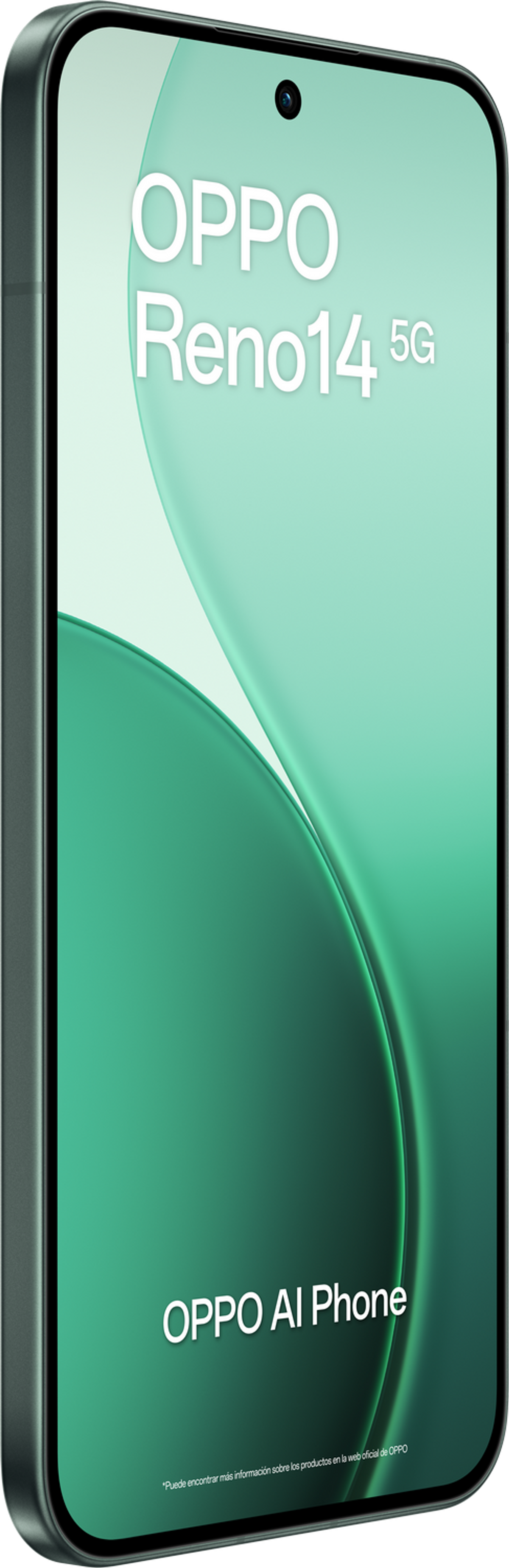 Wyświetlany jest smartfon OPPO Reno14 5G. Ekran pokazuje zielony gradient, z marką OPPO i tekstem telefonu AI.
