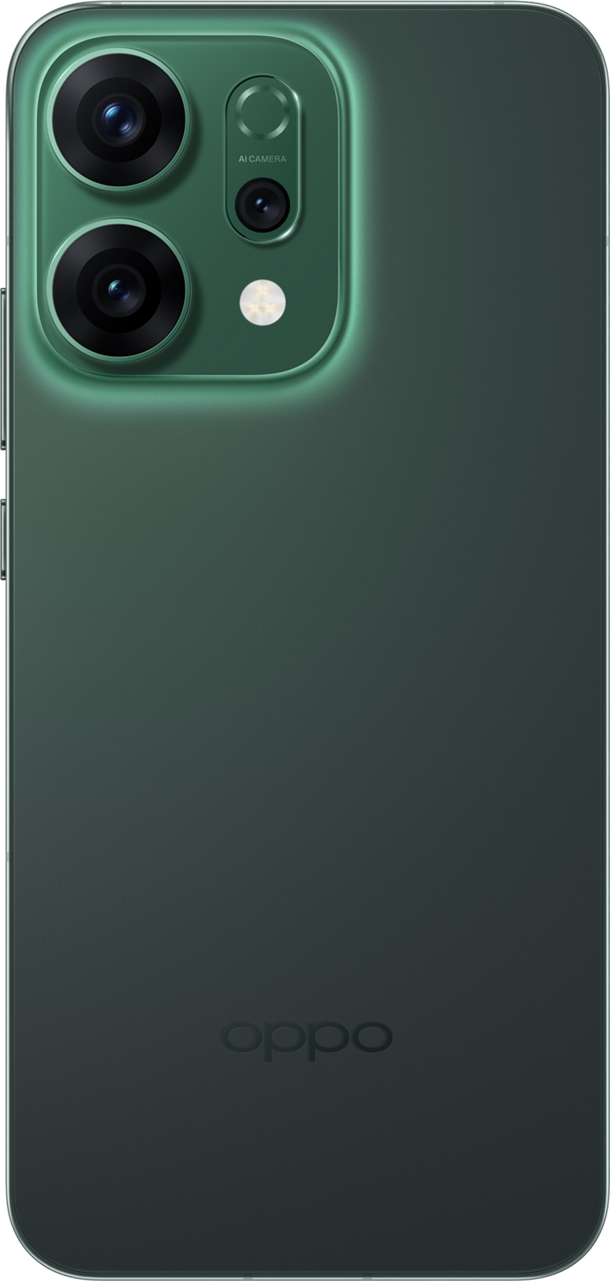 Zielona tylna obudowa smartfona Oppo. Posiada moduł kamery z trzema obiektywami i lampą błyskową. Logo Oppo znajduje się na dole.